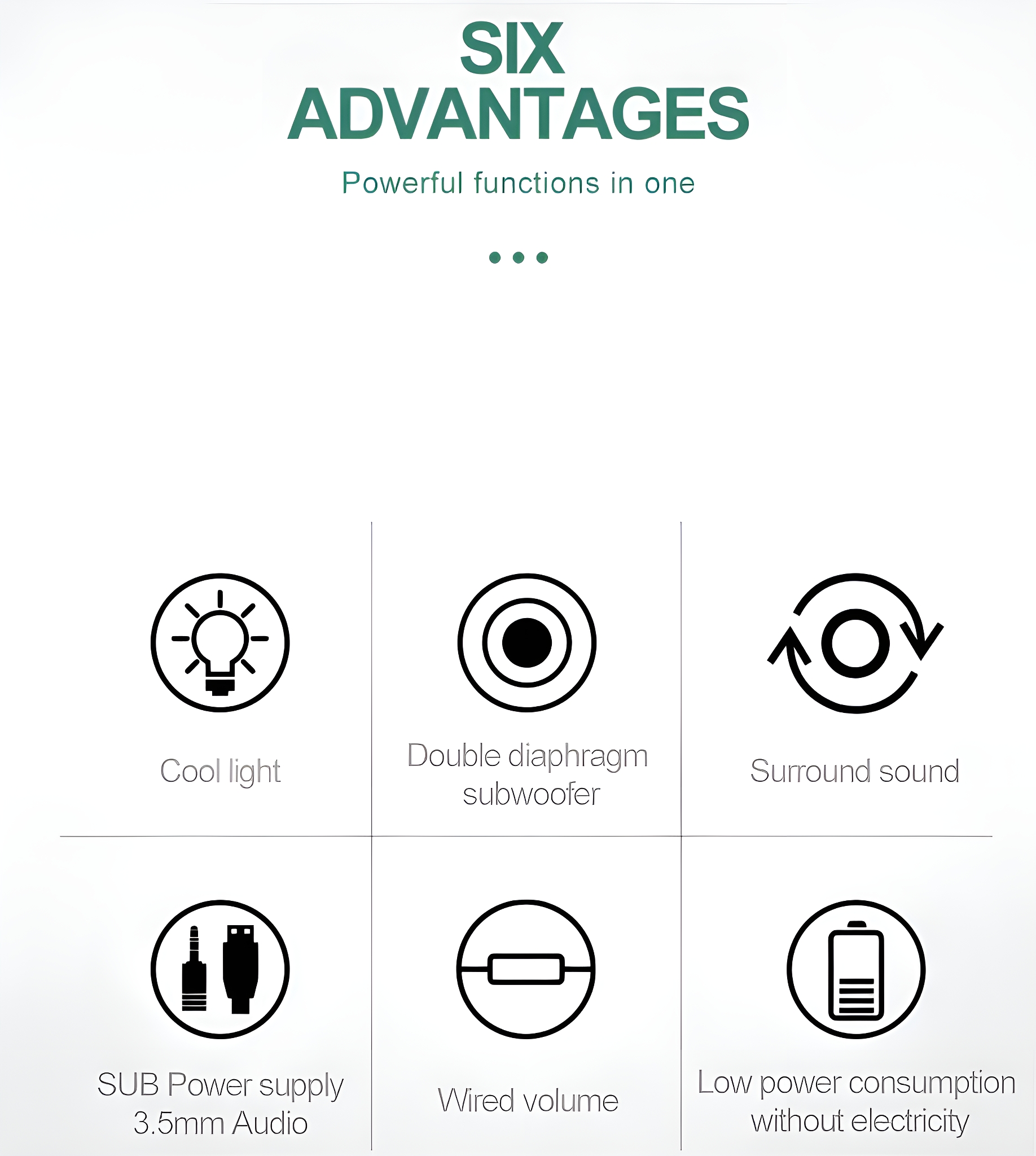 Sechs Icons. Funktionen: Kühles Licht, Subwoofer, Surround-Sound, Stromversorgung, Kabel.