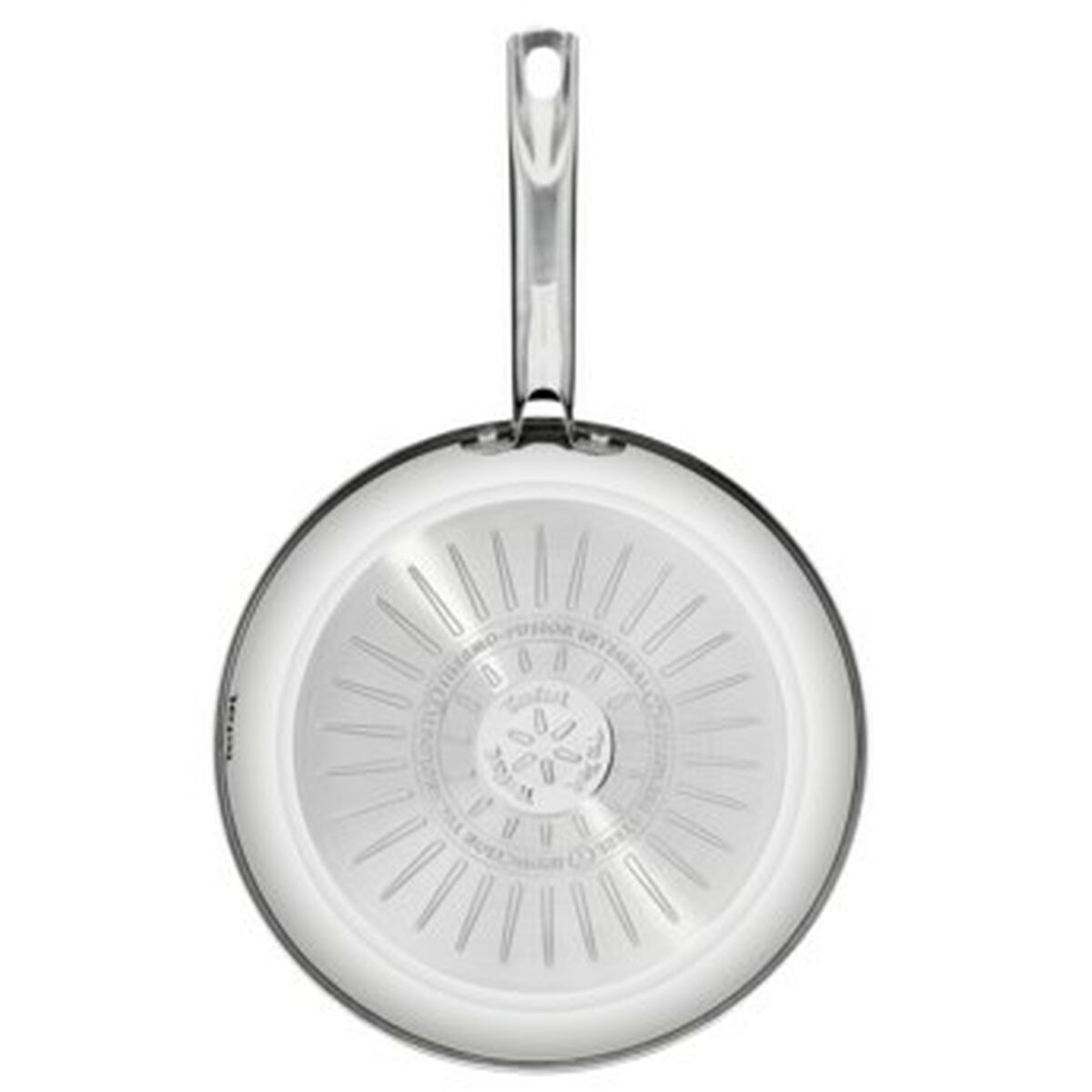 A stainless steel frying pan, the bottom facing up. The pan has text and a circular design.