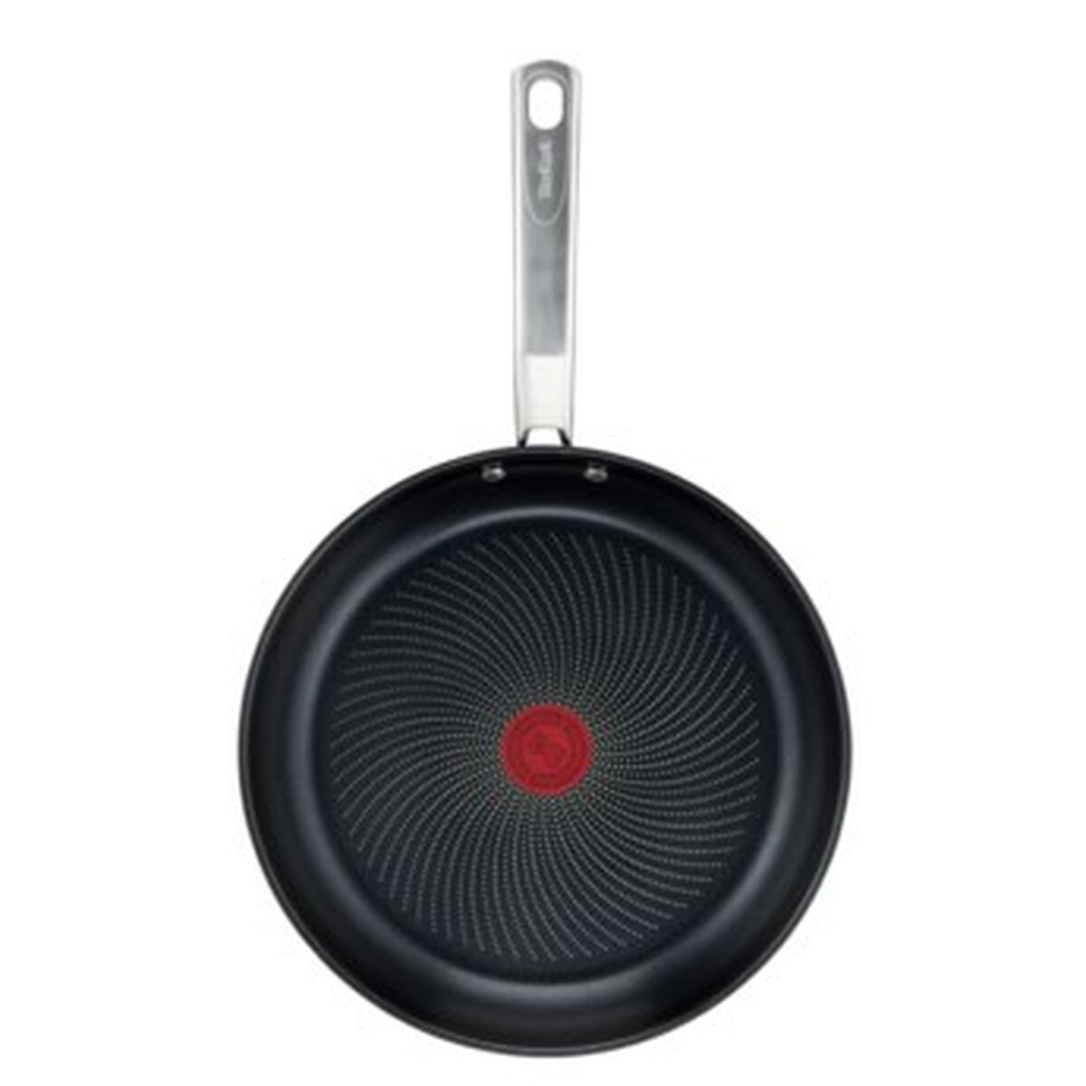 A black frying pan with a red dot in the center and a metal handle.