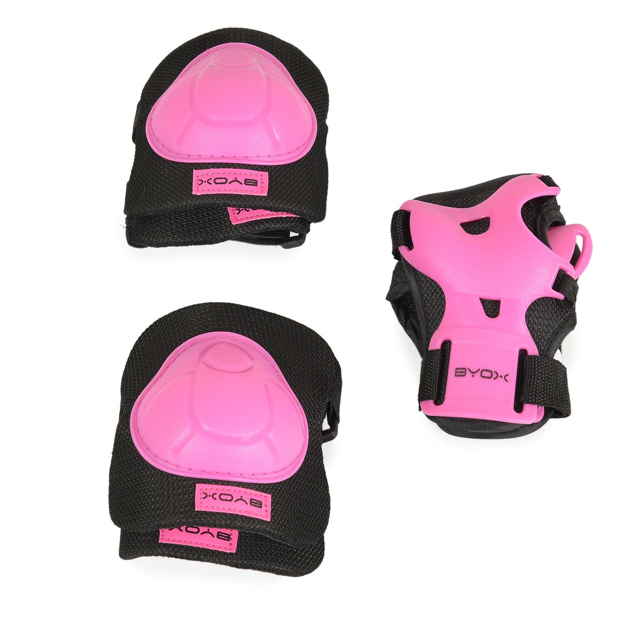 Drei rosa-schwarze Schutzpolster für Knie und Handgelenke, zum Skaten. Weißer Hintergrund.