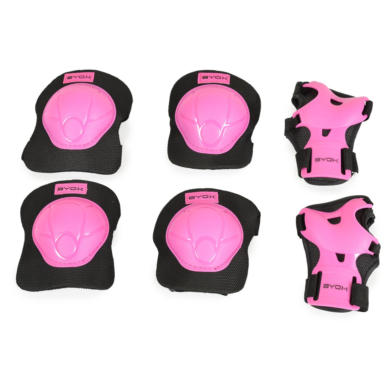 Rosa Knie- und Handgelenkschützer-Set. Enthält sechs Pads, schwarzes Gewebe, rosa Kunststoff.