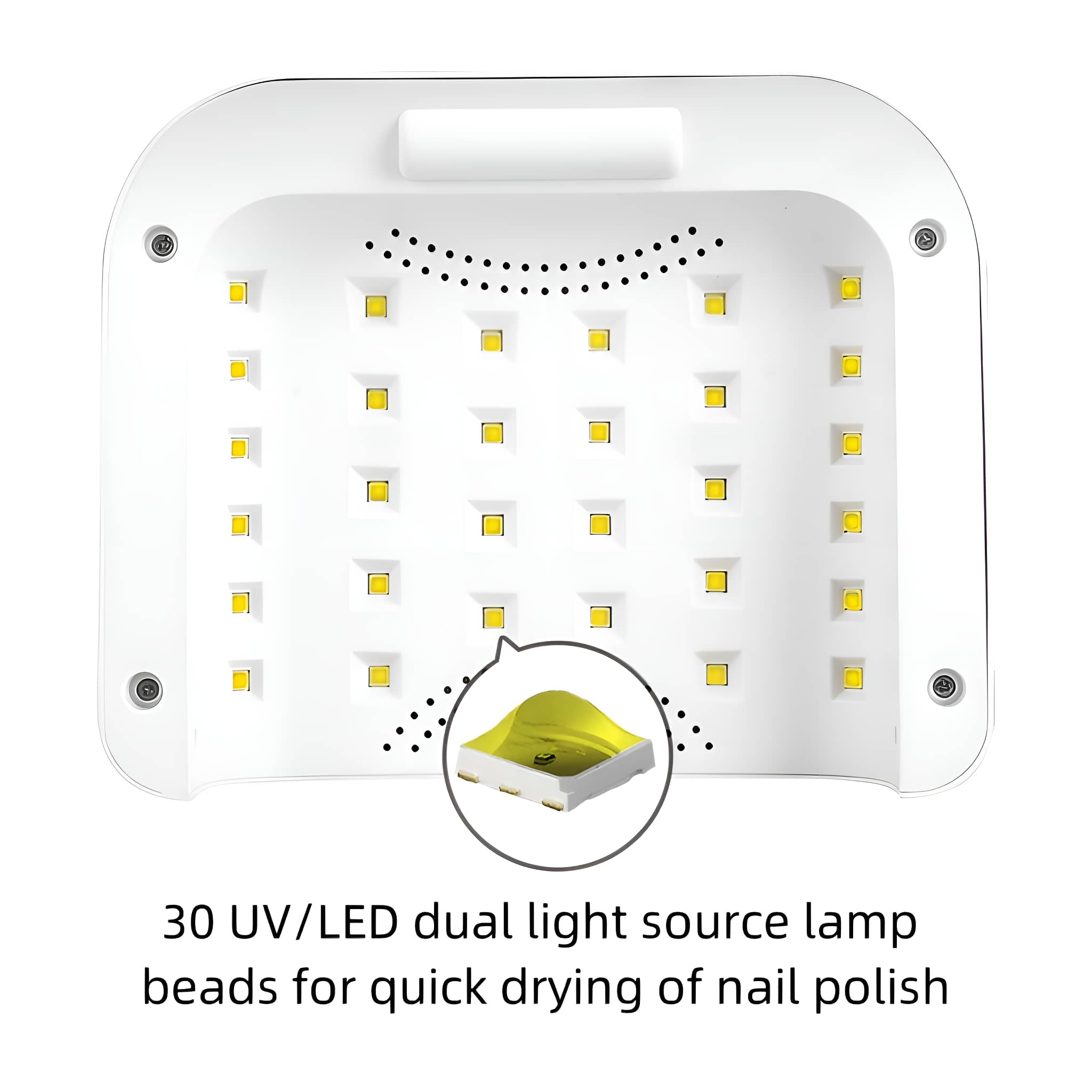 Weiße UV/LED-Nagellampe mit vielen gelben Lichtern. Nahaufnahme eines Lichts.