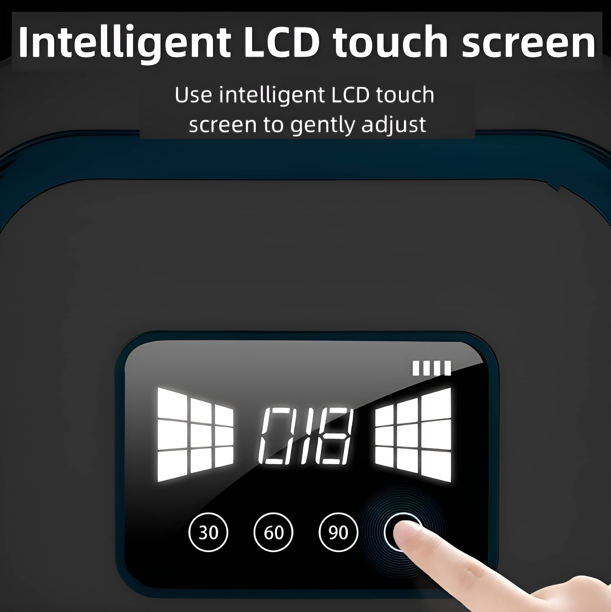 Nahaufnahme eines Touchscreens mit Timereinstellungen: 30, 60, 90 Sekunden. Ein Finger berührt den Bildschirm.