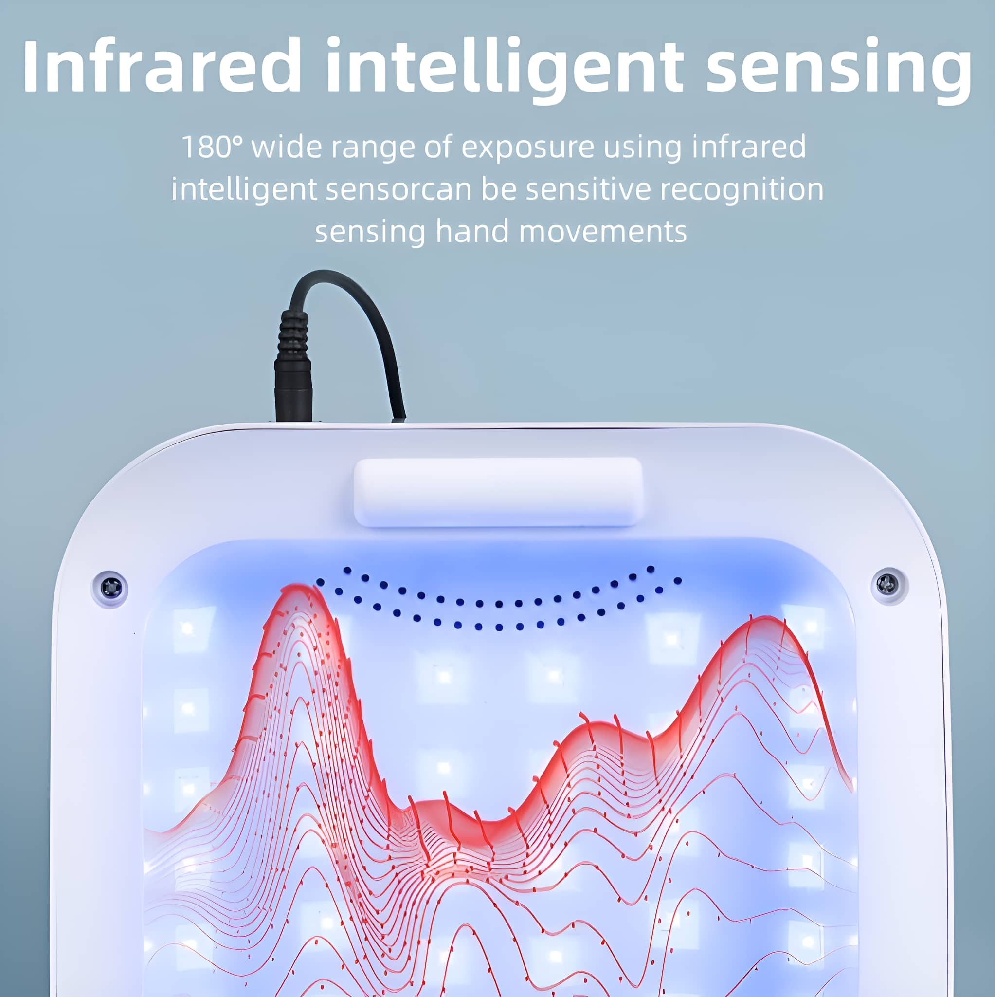 Weißes Gerät mit rotem Muster im Inneren. Der Text oben lautet 'Infrarot-intelligente Sensorik'.
