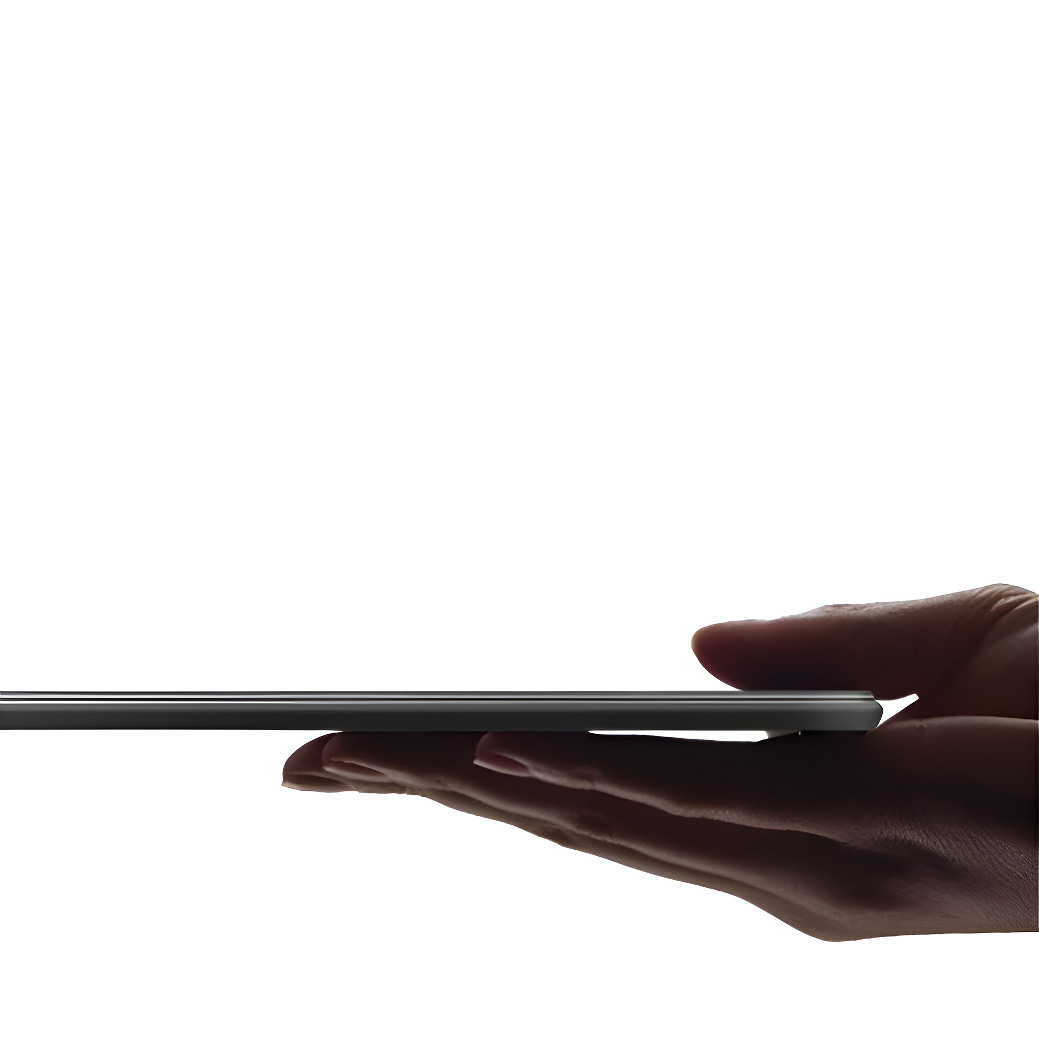 Eine Hand, die ein schwarzes Telefon hält. Das Telefon ist schlank und elegant, und der Hintergrund ist weiß.
