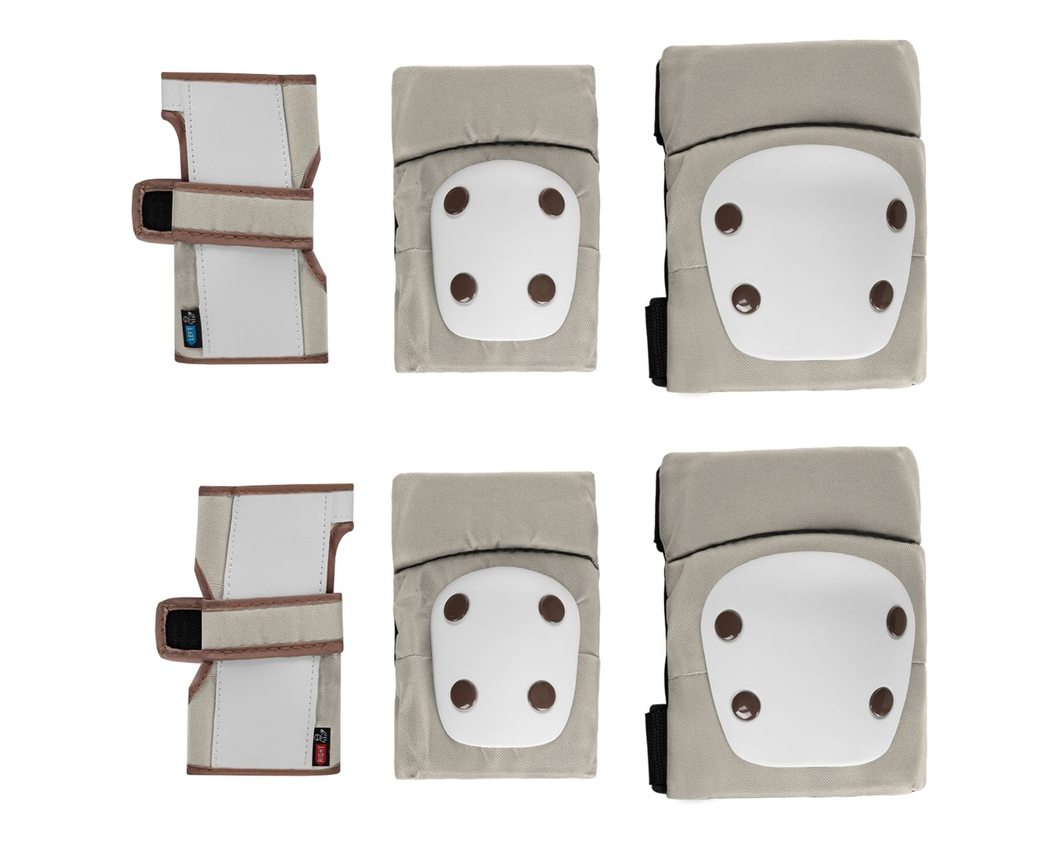 Ein Set Ellbogen- und Knieschützer in Beige und Weiß, mit Riemen, auf weißem Hintergrund.