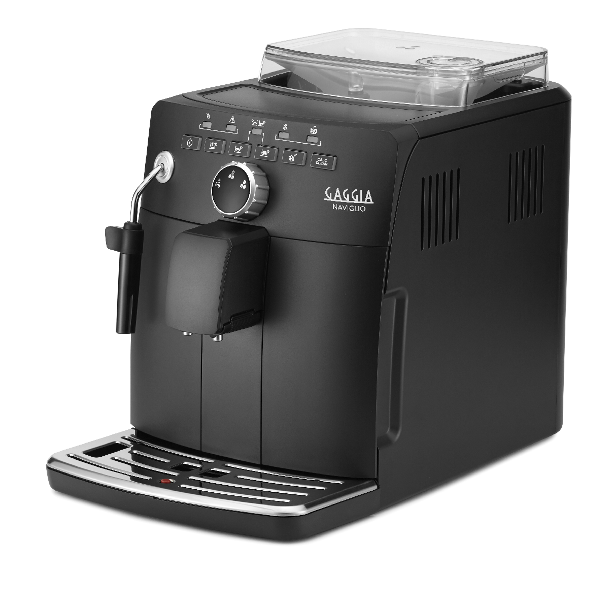 Czarny ekspres do kawy Gaggia Naviglio z przyciskami i zbiornikiem na wodę.