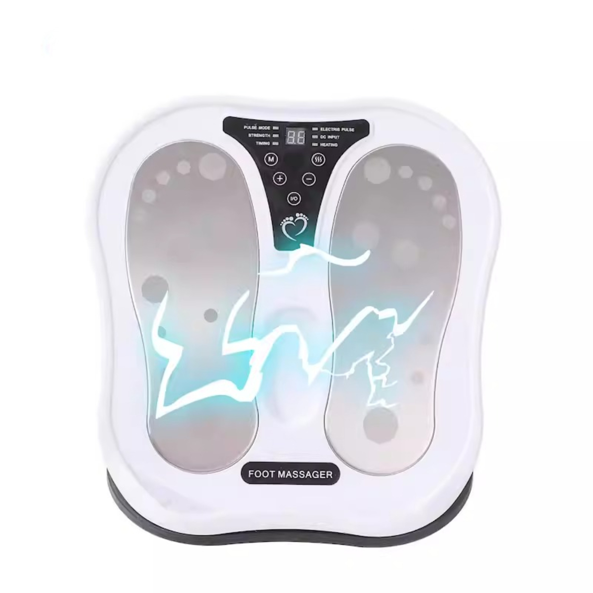 Weißer Fußmassagegerät mit fußförmigen Pads, Bedienfeld und Display. Blauer elektrischer Impulseffekt sichtbar.