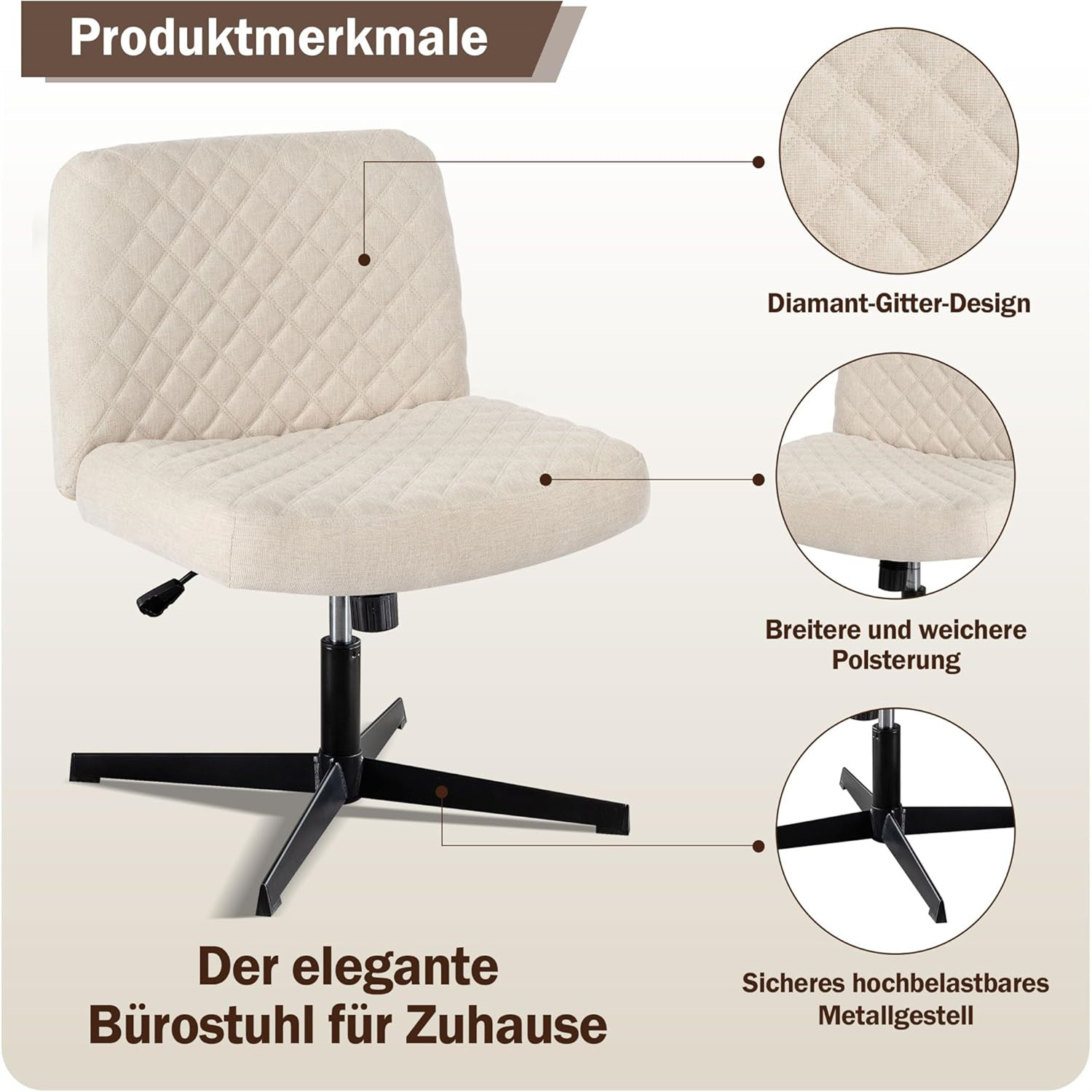 Beiger Bürostuhl mit Rautenmuster und schwarzem Gestell. Text: Eleganter Heimbürostuhl.