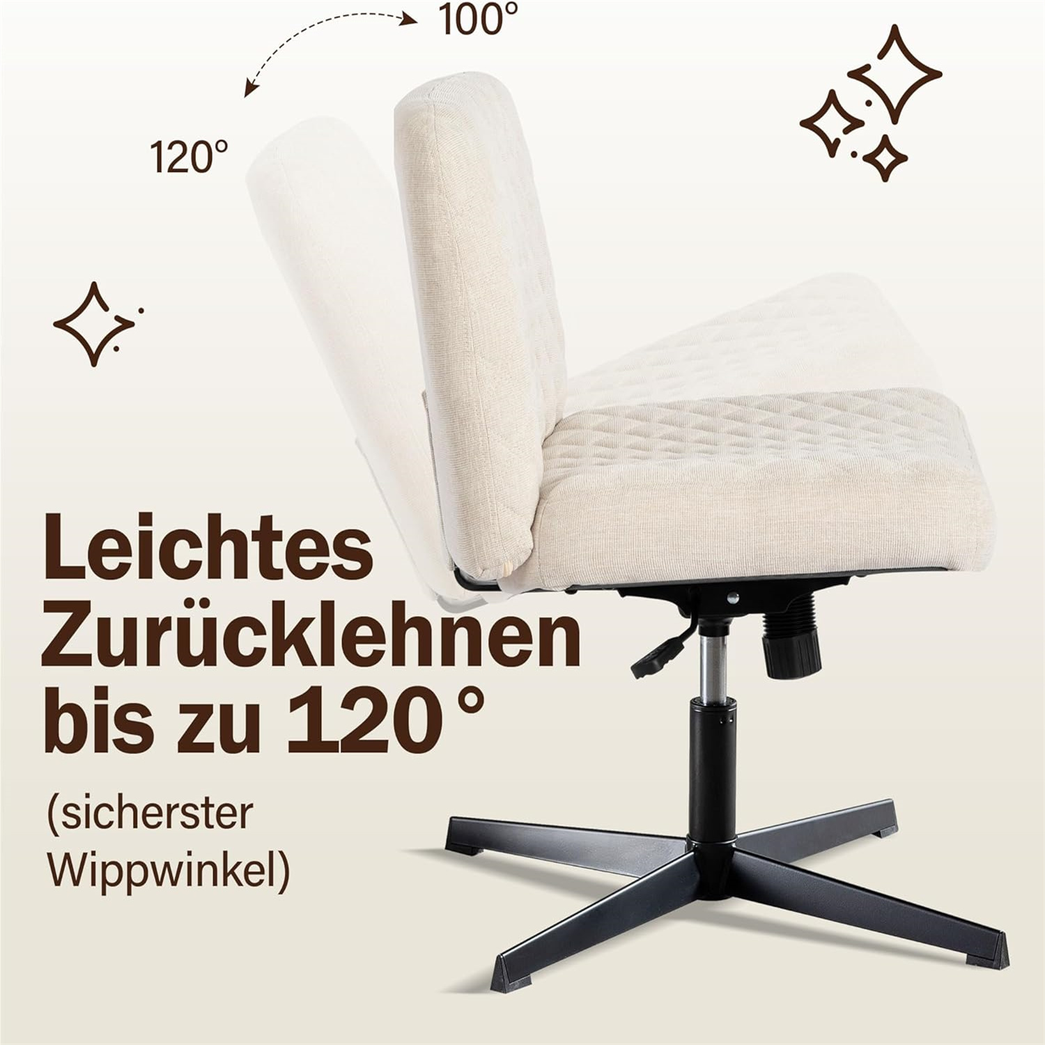 Bürostuhl nach hinten geneigt. Text: 'Leichtes Zurücklehnen bis zu 120°', schwarzes Gestell.