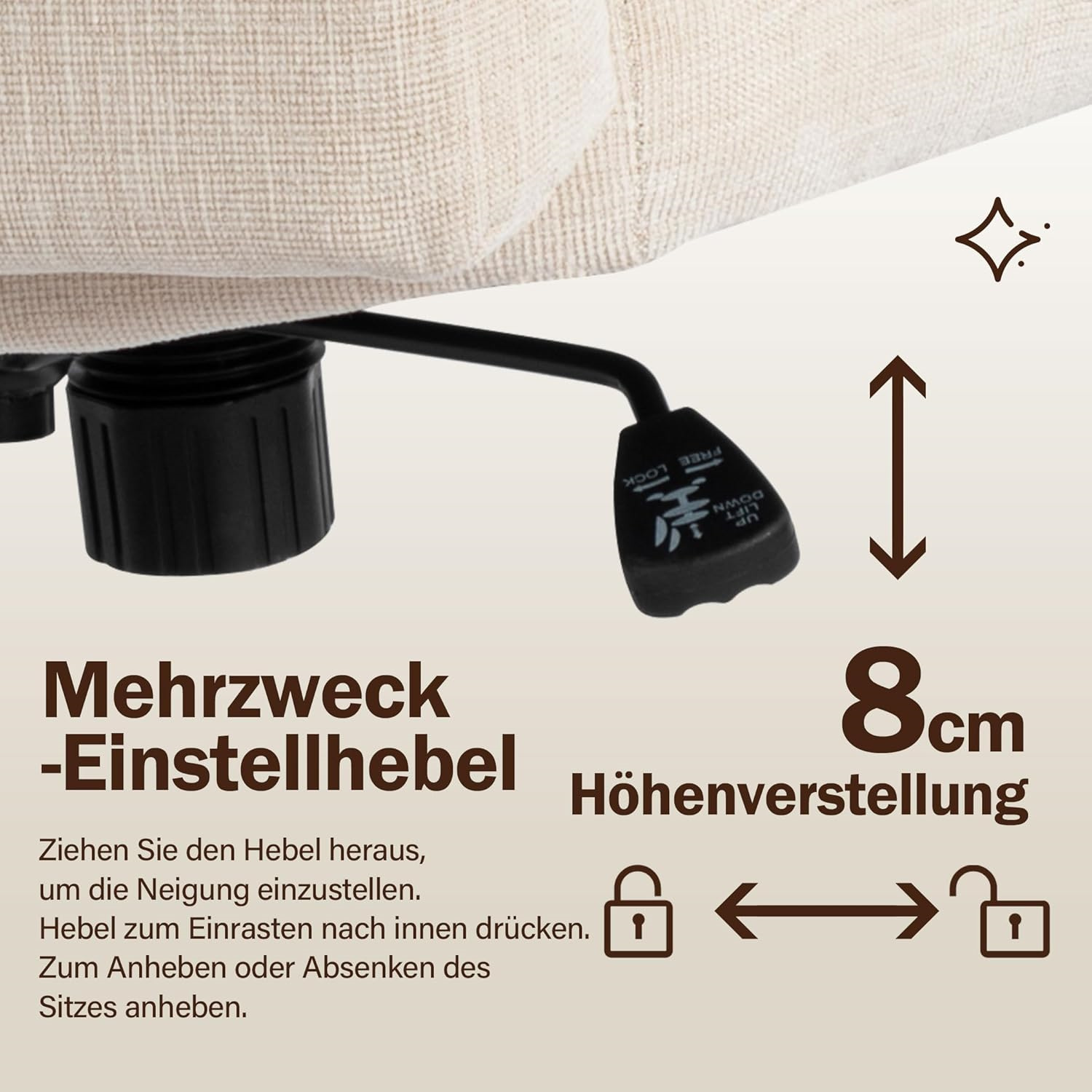 Detail eines cremefarbenen Bürostuhls mit schwarzem Verstellhebel und Text.