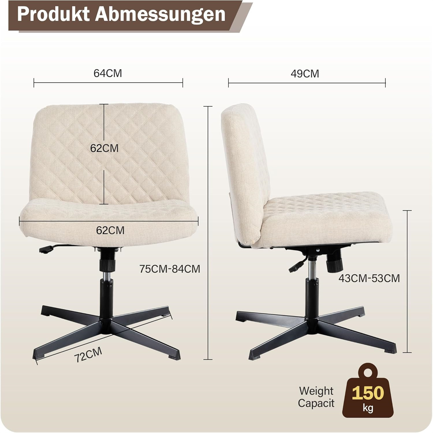 Zwei beige Bürostühle mit Maßangaben auf weißem Hintergrund. Der Stuhl hat Rollen.