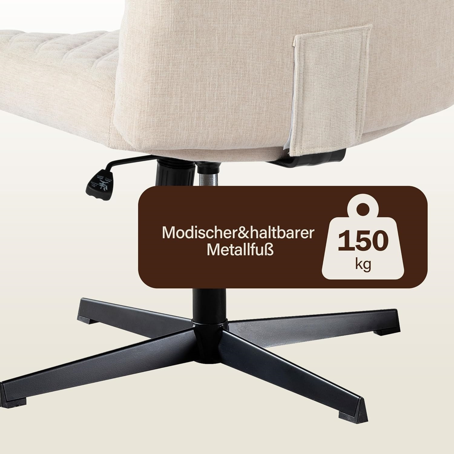 Ein schwarzes Bürostuhlgestell mit beigefarbener Rückenlehne. Text zeigt die Tragfähigkeit an.