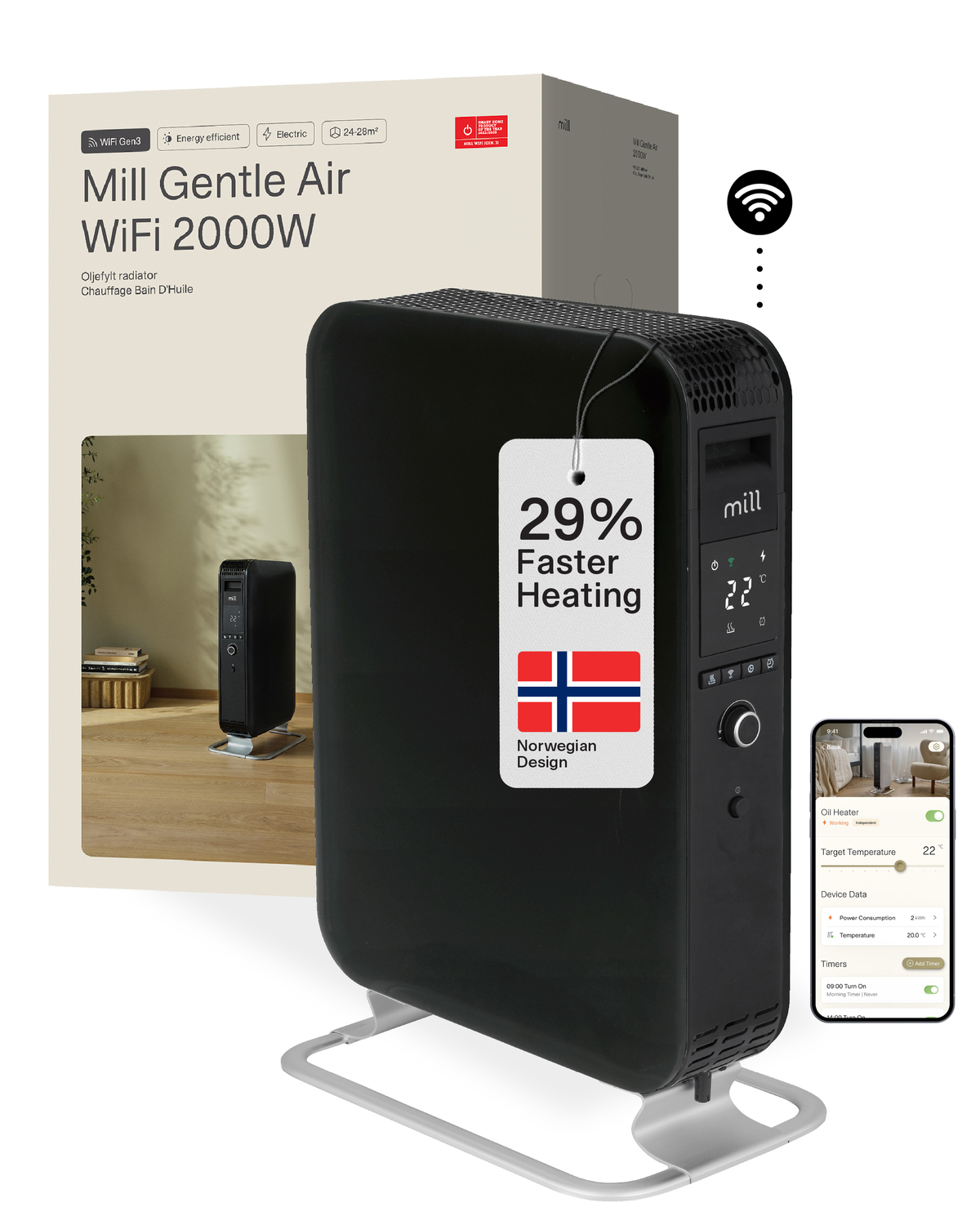Schwarzer Mill Gentle Air WiFi 2000W Heizlüfter mit Karton, der 29 % schnelleres Heizen zeigt. Enthält eine Smartphone-App.