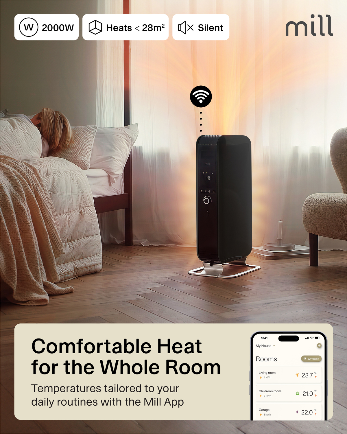 Schwarze Heizung mit Person im Bett, Telefon mit App-Oberfläche und Text über Komfort.