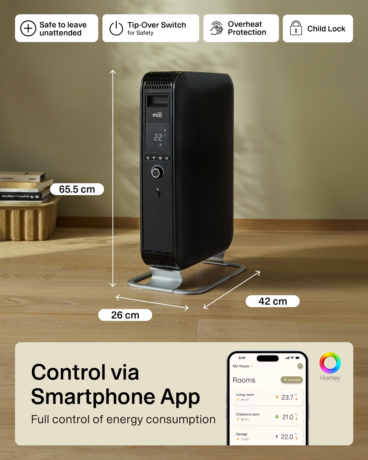Eine schwarze Heizung mit digitaler Anzeige und Bedientasten. Es hat Abmessungen.