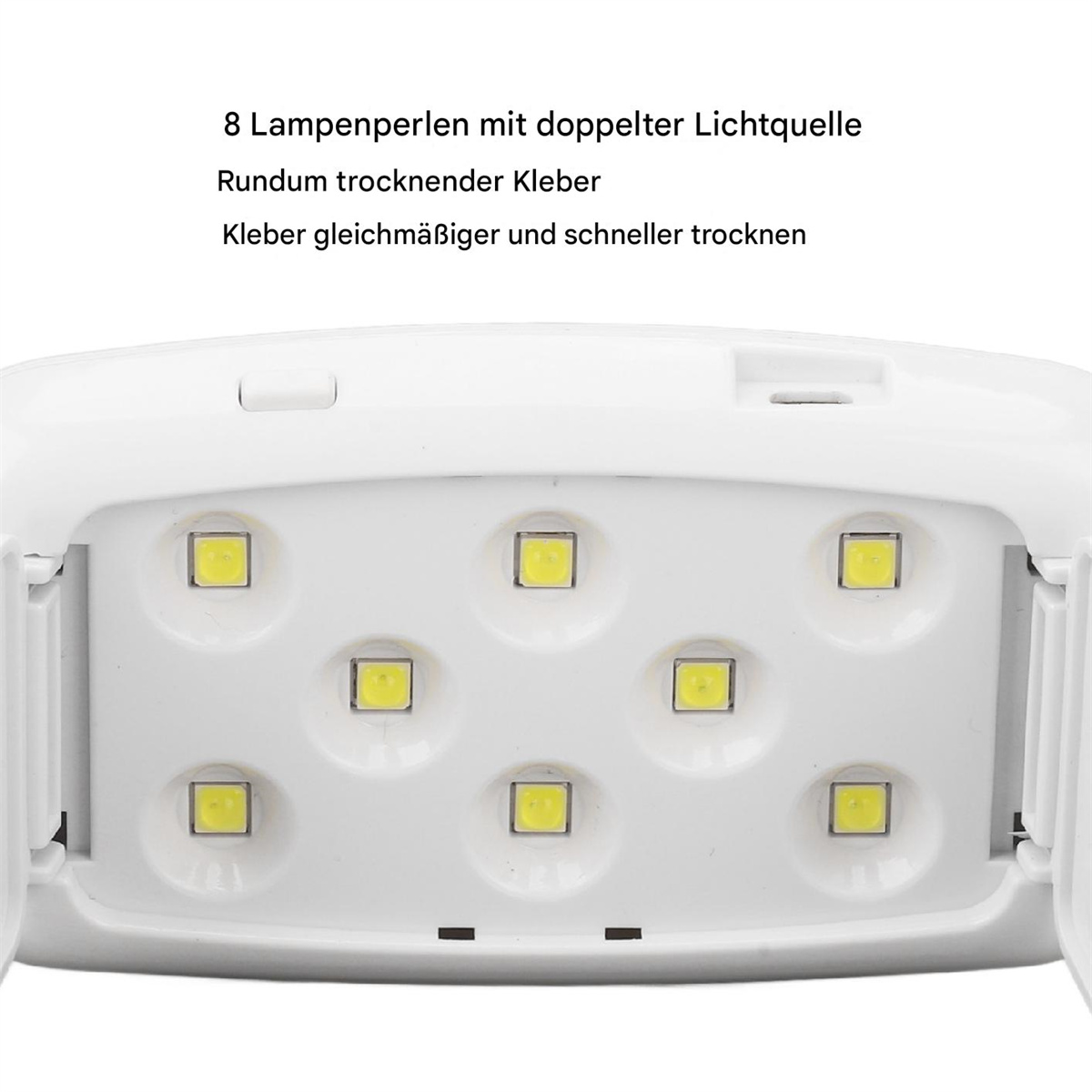 Ein offener weißer LED-Nageltrockner mit Lichtern im Inneren. Text oben beschreibt seine Funktionen.