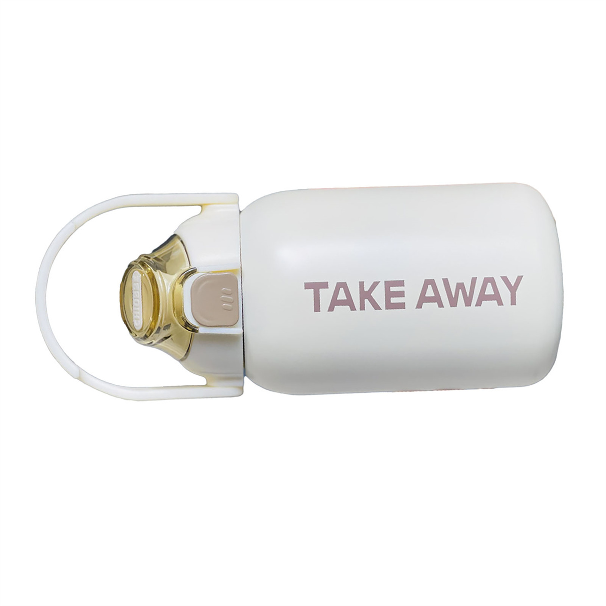 Weiße Wasserflasche mit Griff, dem Text 'TAKE AWAY' und einem gelben Trinkauslauf.