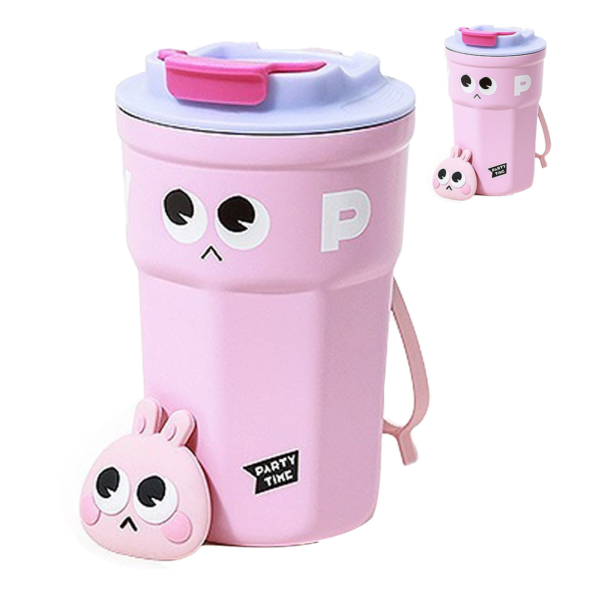 Ein rosa, cartoon-gesichtiger Becher mit Deckel, Henkel und einem hasenförmigen Silikonaufsatz. Zwei Becher.
