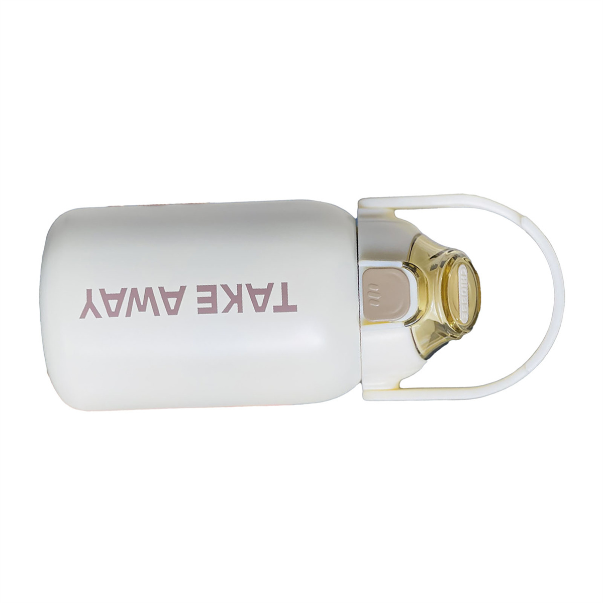 Weiße isolierte Wasserflasche mit braunem Deckel und Griff. Der Text 'TAKE AWAY' ist seitlich aufgedruckt.