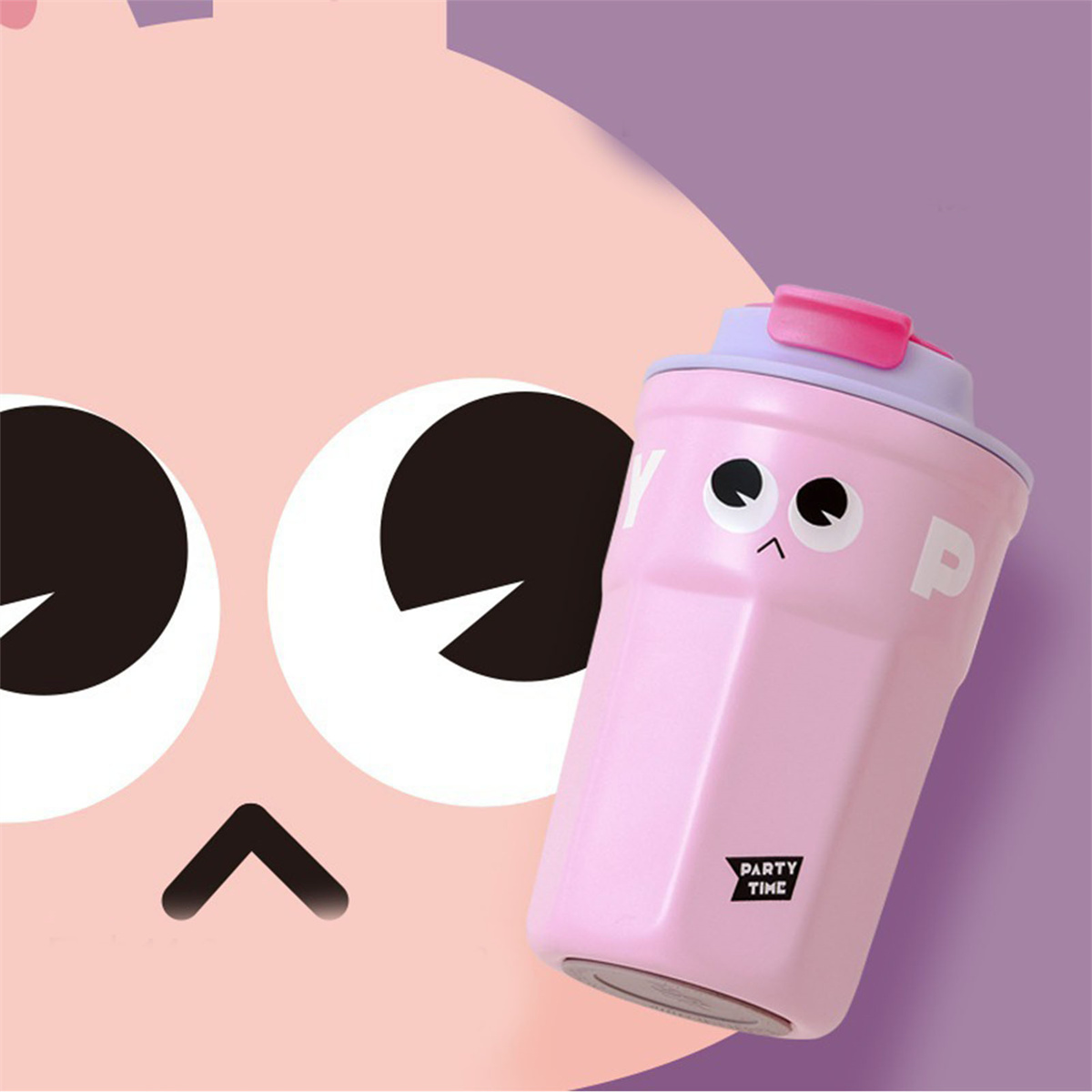 Rosa Wasserflasche mit Cartoon-Gesicht. Lila Hintergrund mit Cartoon-Gesicht.