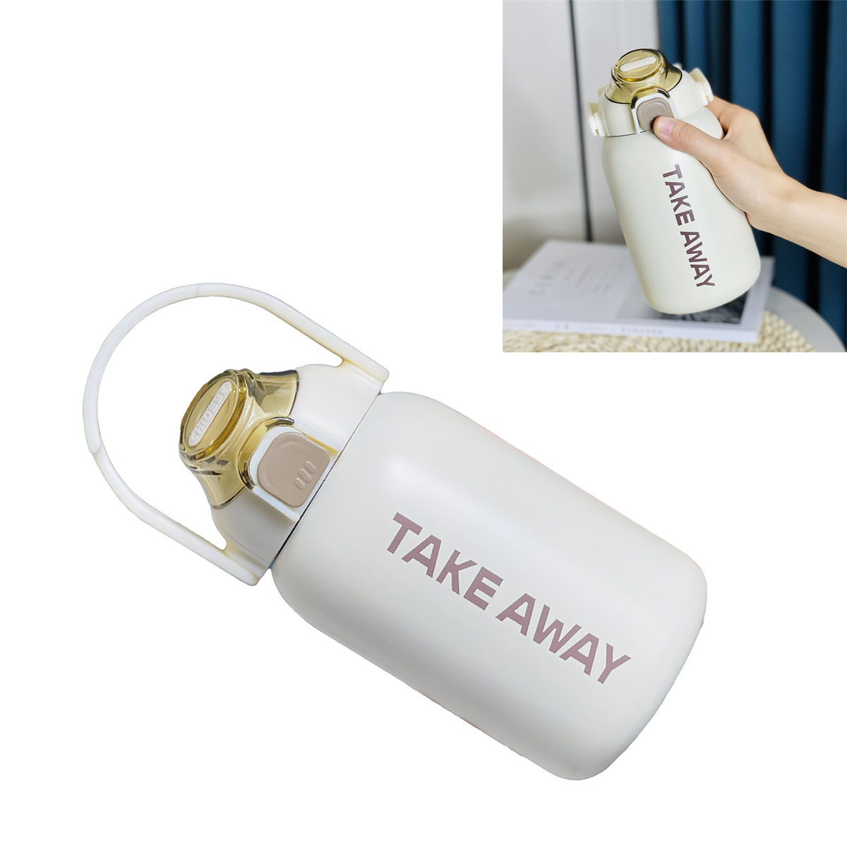 Weiße Isolierwasserflasche mit goldenem Deckel und Griff, Text 'TAKE AWAY'.