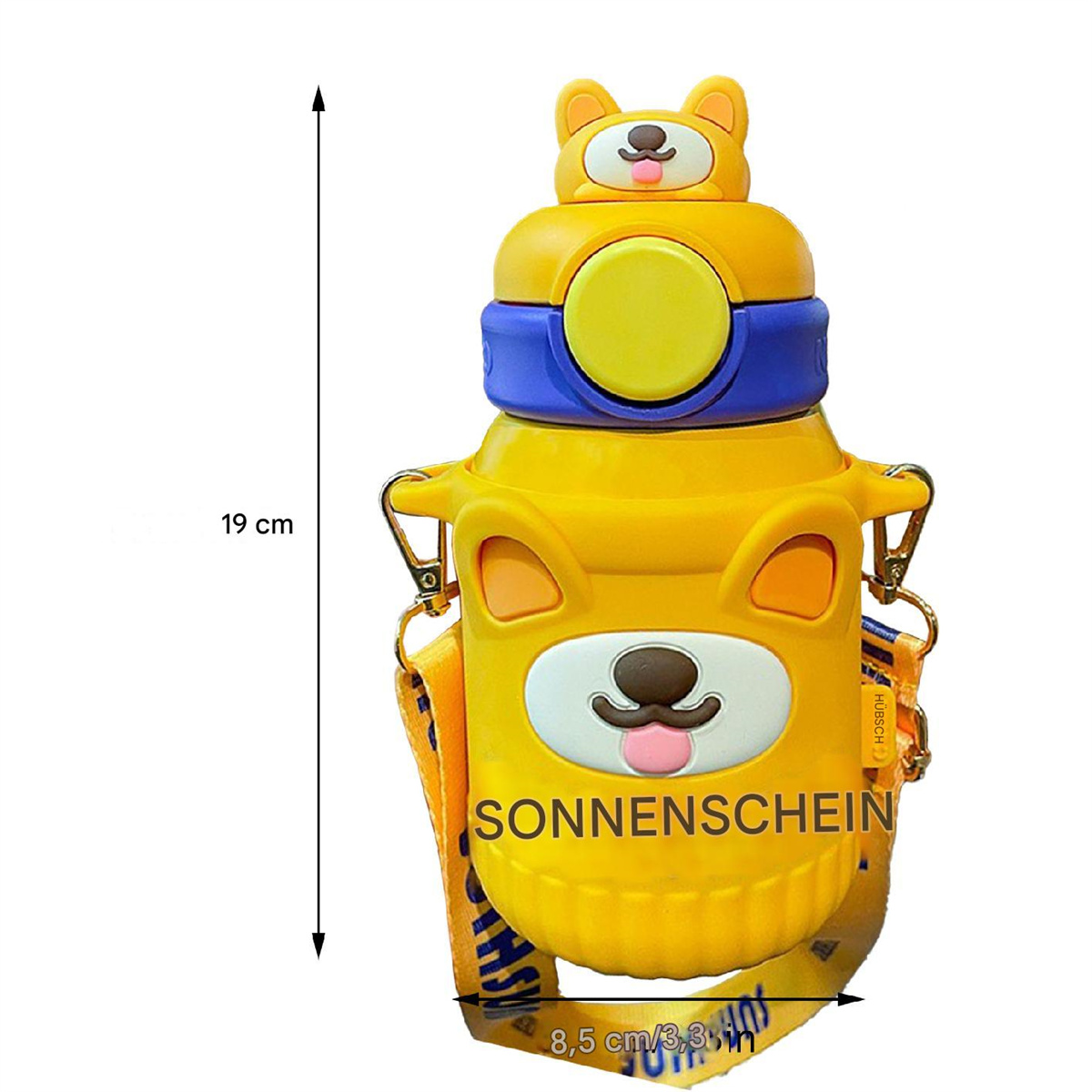 Gelbe wasserflasche in Hundeform mit Trageriemen und rosa Zunge, beschriftet mit 'Sonnenschein'.