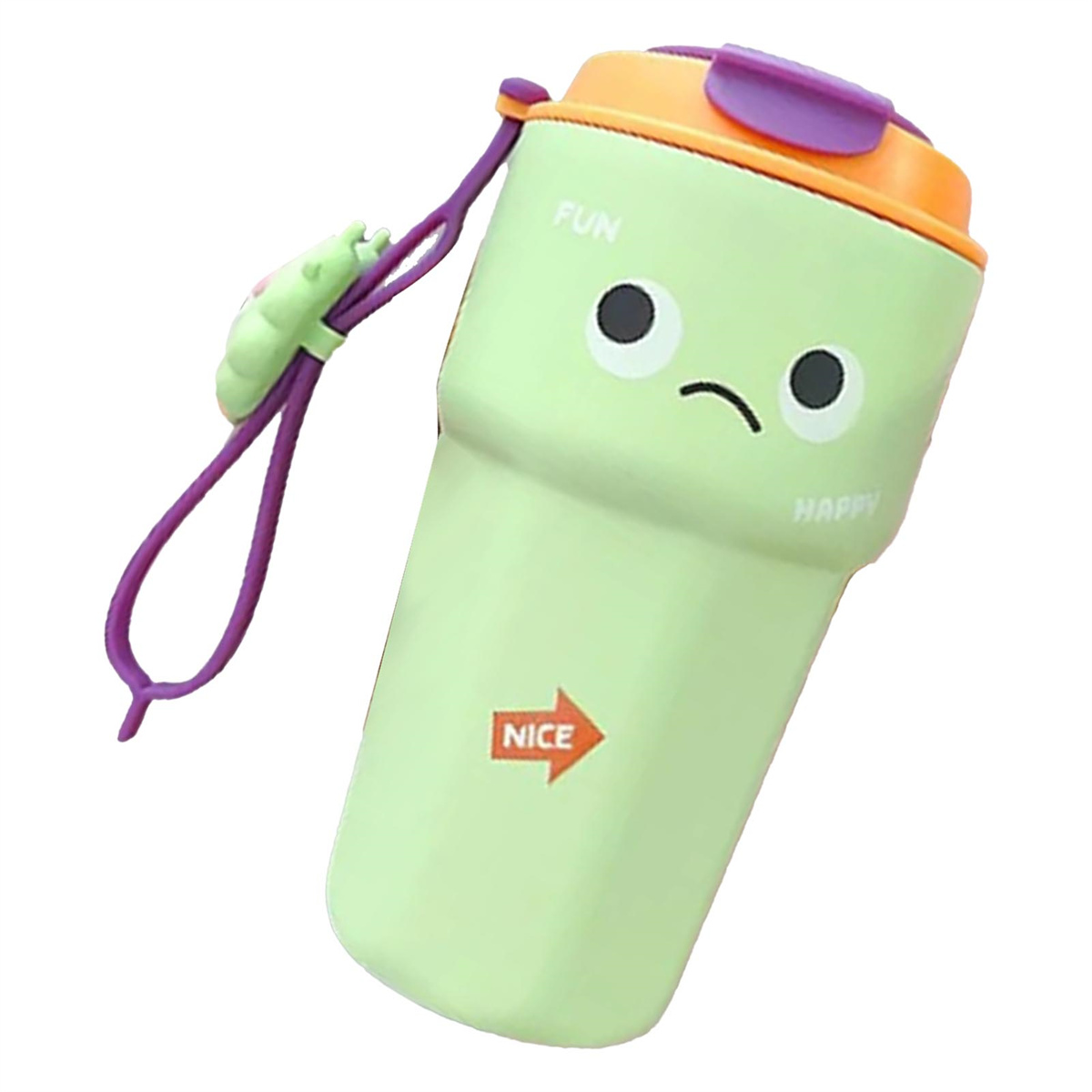 Eine hellgrüne Wasserflasche mit Cartoon-Gesicht, lila Deckel und orangefarbenen Akzenten.