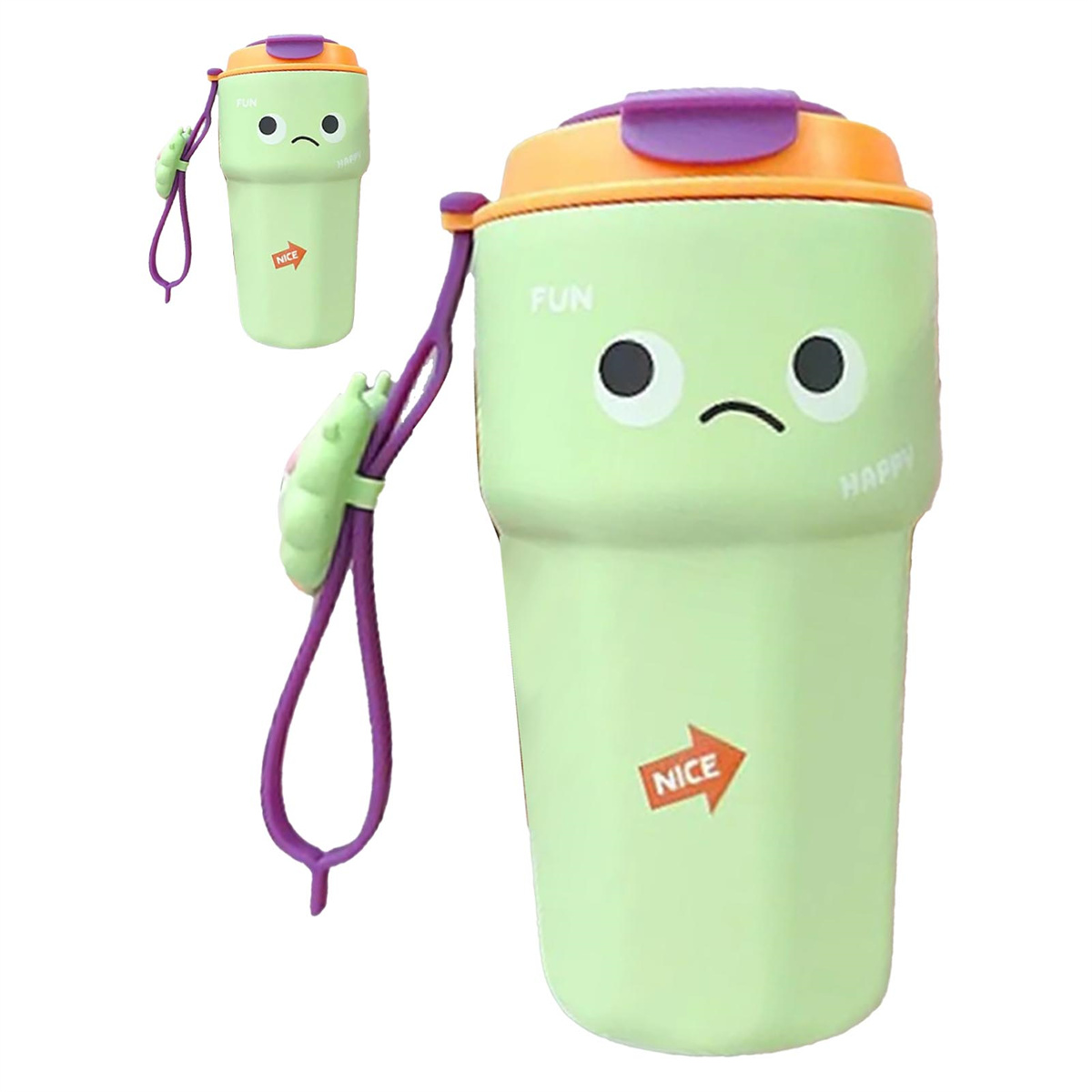 Grüne Wasserflasche mit Cartoon-Gesicht, orangefarbenem Deckel und lila Riemen.