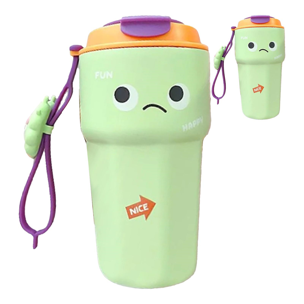 Grüner Becher mit Gesicht und Trageriemen, und eine kleinere Version des Bechers rechts.