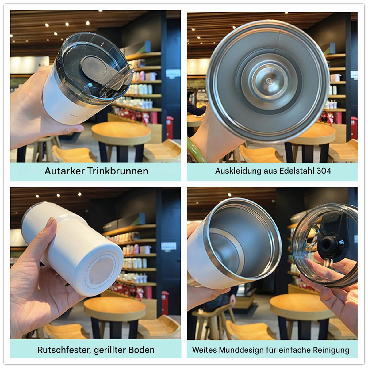 Vier Bilder eines weißen Tumblers mit Deckel, Edelstahl-Innenraum und rutschfestem Boden.
