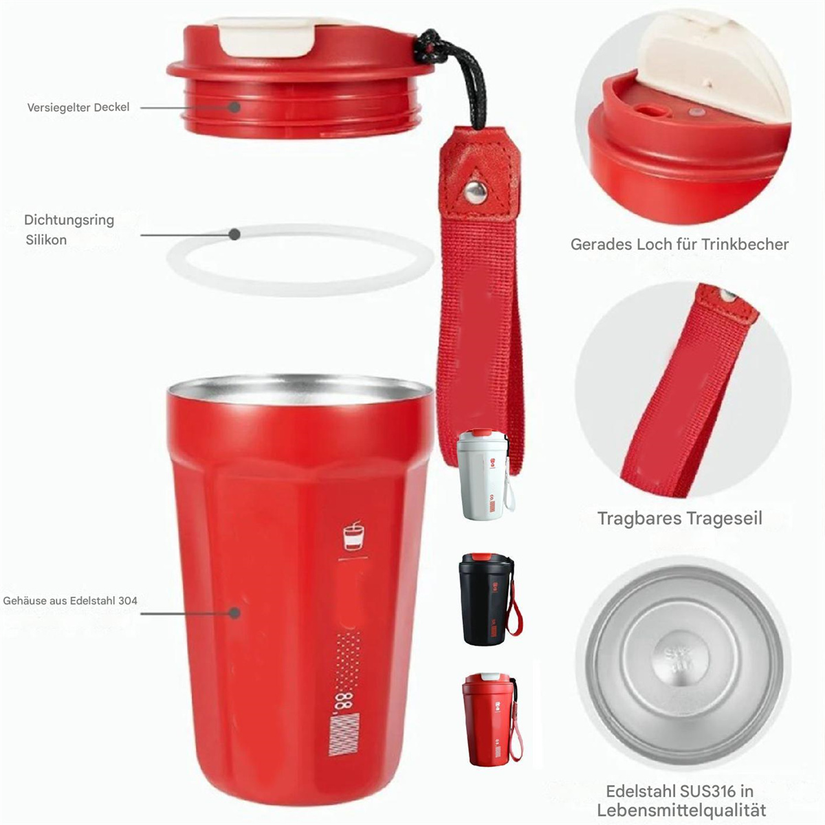 Ein roter isolierter Reisebecher mit Deckel, Riemen und anderem Zubehör, wobei Details hervorgehoben werden.