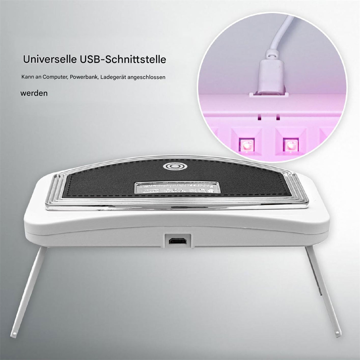 Weiße Nagellampe mit USB, Text auf Deutsch. Zeigt eine Nahaufnahme eines USB-Anschlusses.