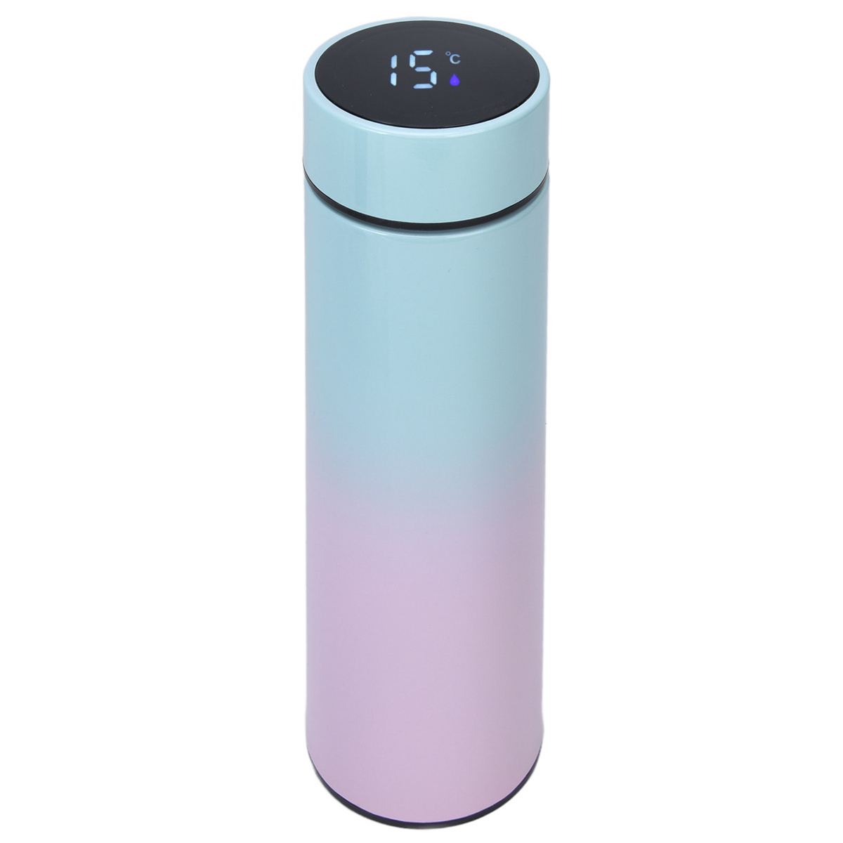 Blau-rosa Thermoflasche mit Farbverlauf und digitaler Anzeige 15°C.
