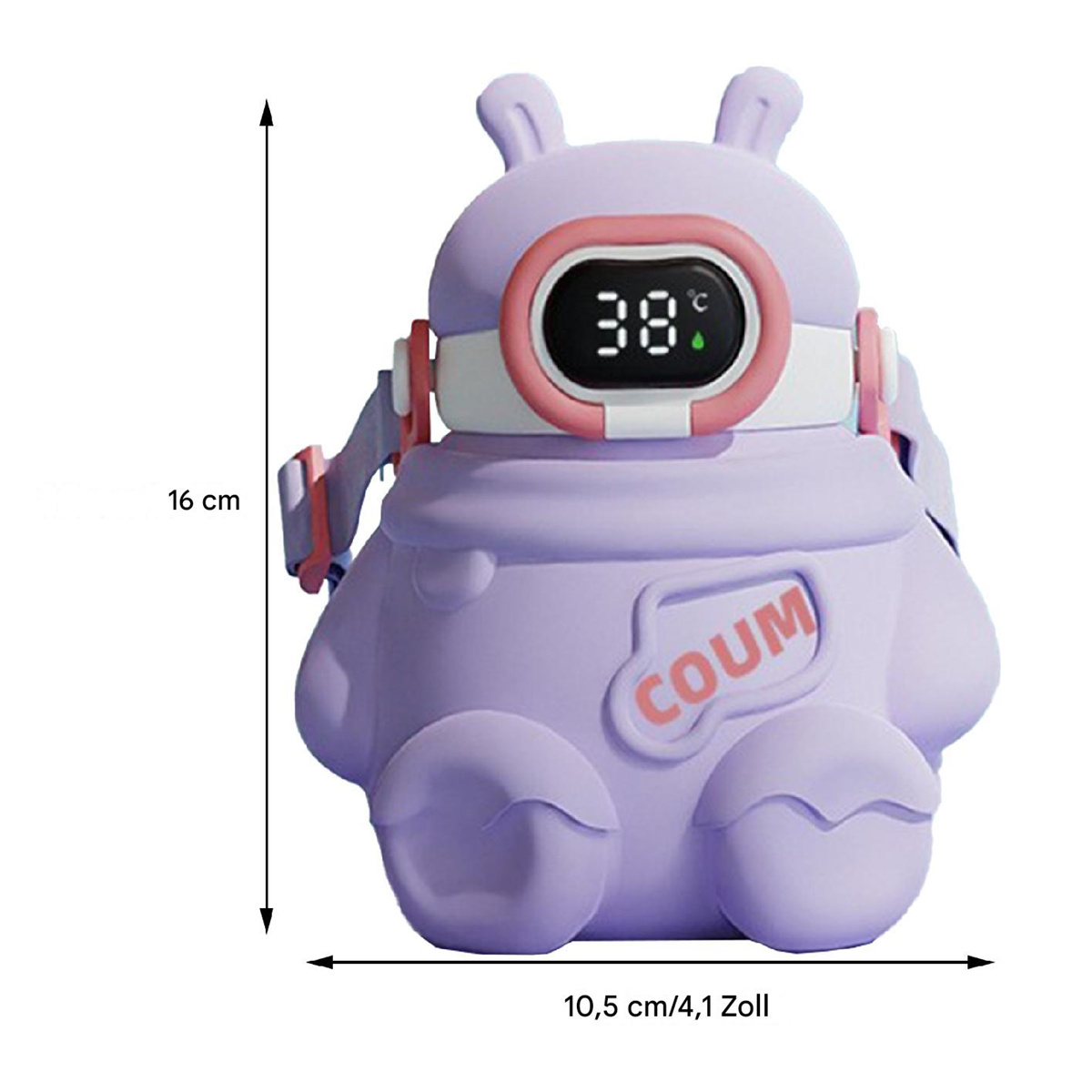 Lila, hasenförmige Wasserflasche mit Thermometer und Abmessungen. Der Hintergrund ist weiß.