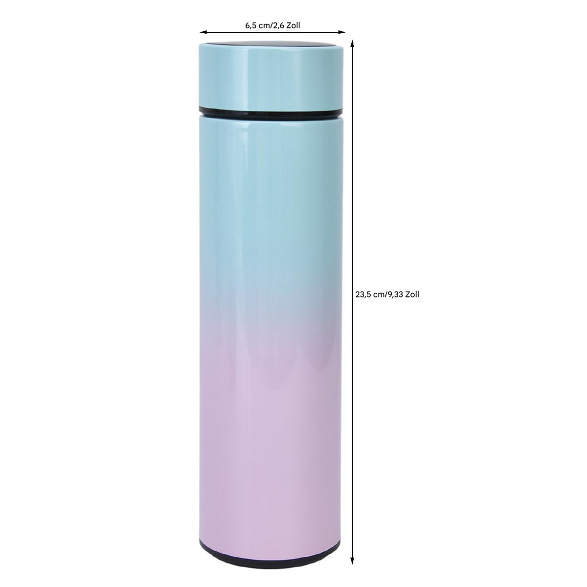 Eine Wasserflasche mit Farbverlauf, blau zu rosa, mit Maßen versehen.