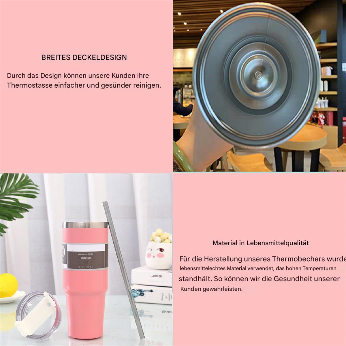 Ein rosa Becher mit Text und Strohhalm. Ober- und Innendetails des Bechers gezeigt.