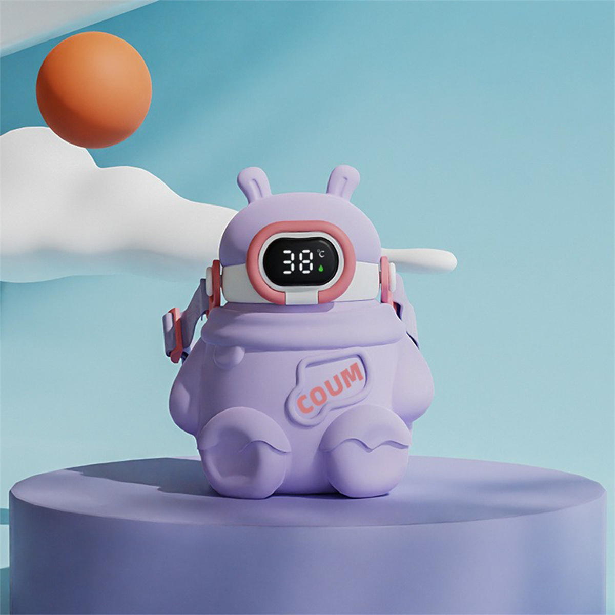 Lila Baby-Thermometer in Hasenform mit Digitalanzeige mit 38°C.