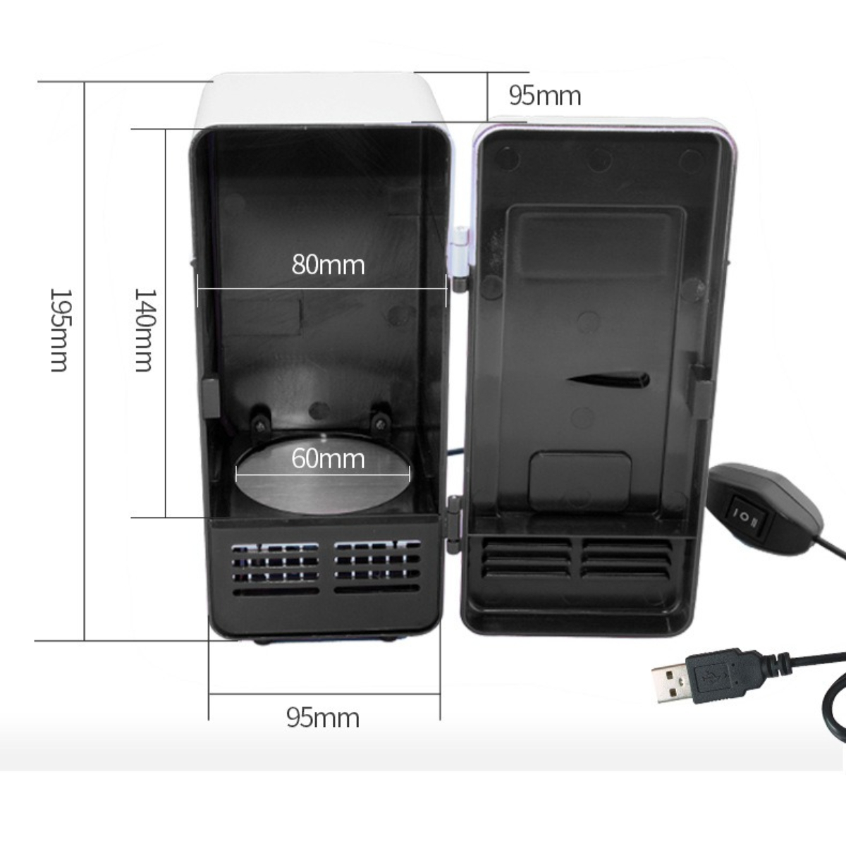 Offener Minikühlschrank. Weißes Äußeres, schwarzes Inneres. Abmessungen: 195 mm hoch, 95 mm breit. Mit Schalter und USB.