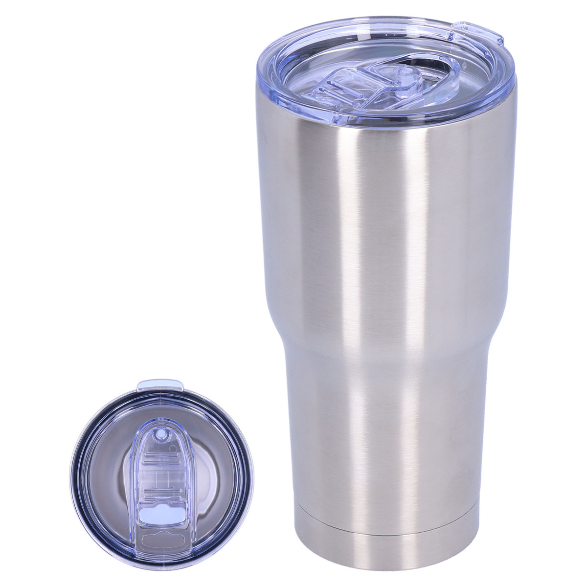 Silberner Becher mit durchsichtigem Deckel und separatem Deckel. Weißer Hintergrund.