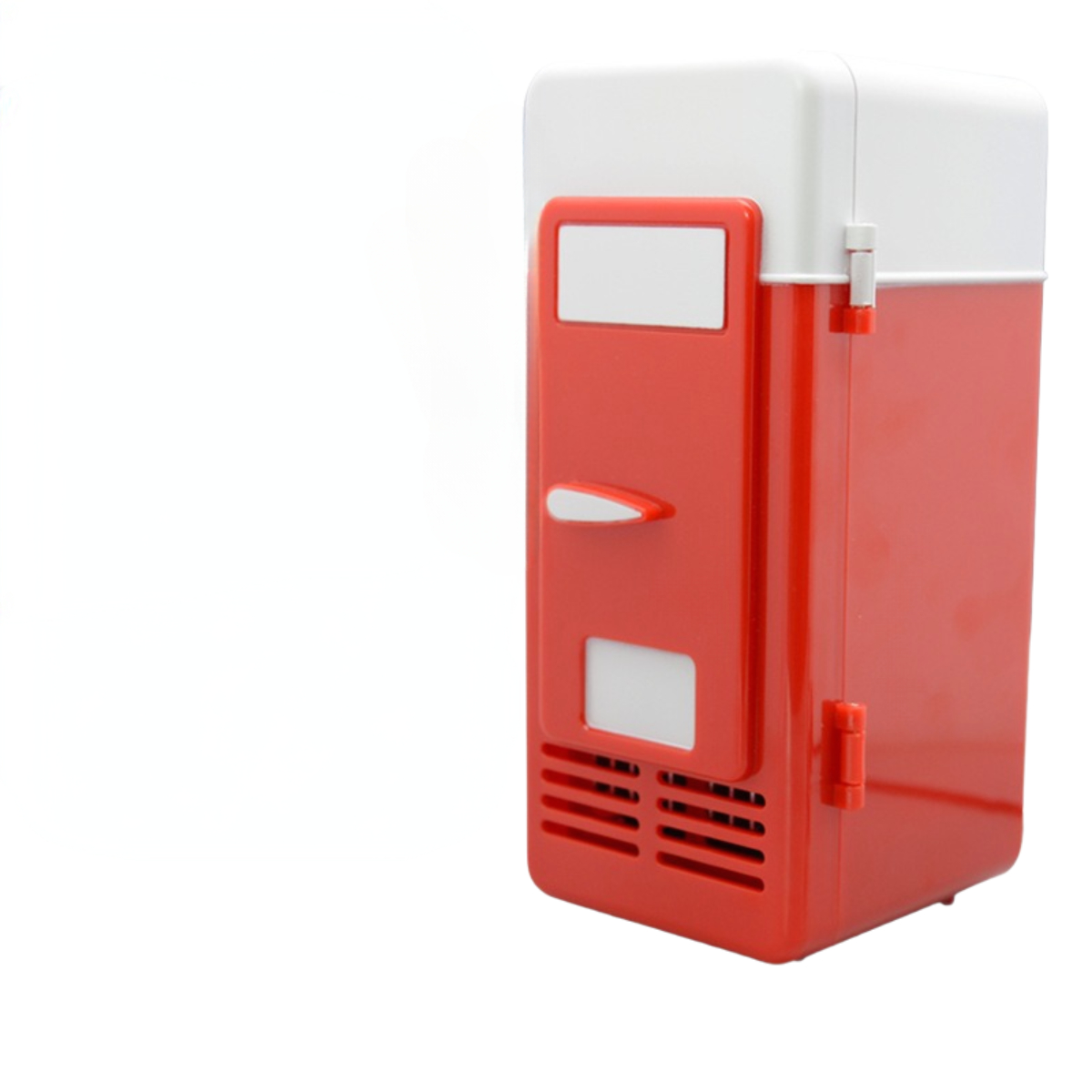 Roter und weißer Mini-Kühlschrank. Er hat eine rechteckige Form mit Tür und Griff. Weißer Hintergrund.