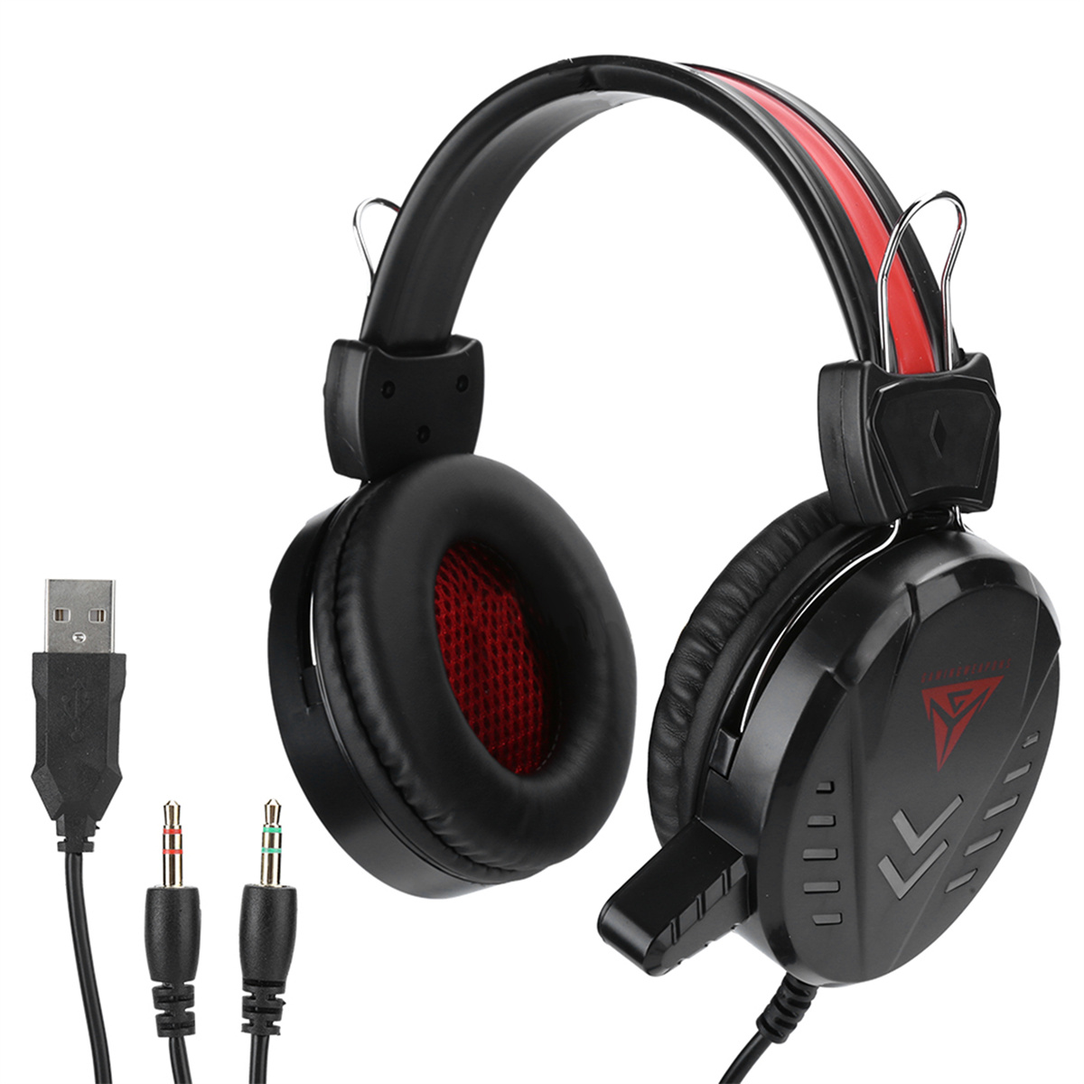 Schwarzes und rotes Gaming-Headset mit Mikrofon und USB-Anschluss.