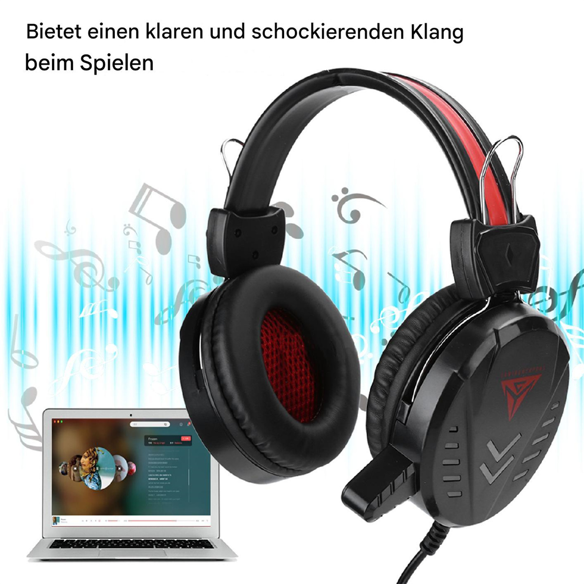 Gaming-Kopfhörer, schwarz und rot, mit einem Laptop, der eine Musikoberfläche und Noten anzeigt.