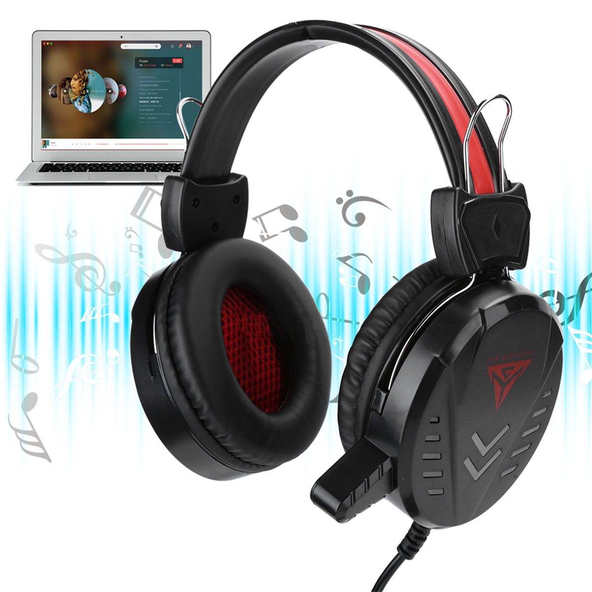 Gaming-Headset mit Laptop, der einen Videoanruf mit Noten zeigt.