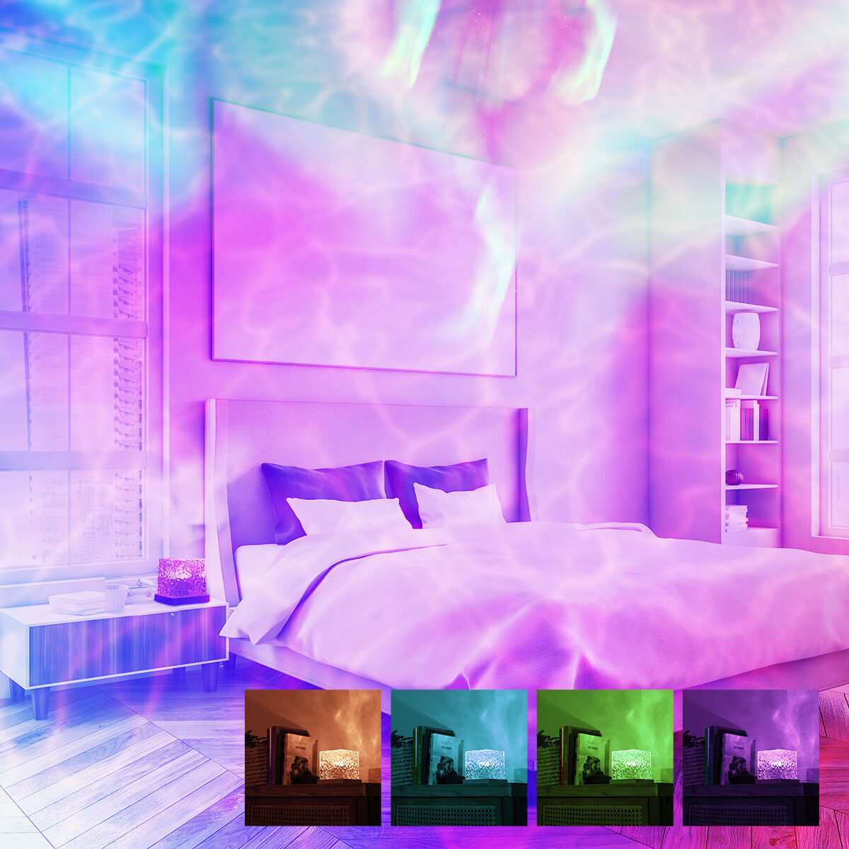 Ein Schlafzimmer mit Bett, Kunstwerk und Projektor, der einen bunten, wasserartigen Lichteffekt erzeugt.