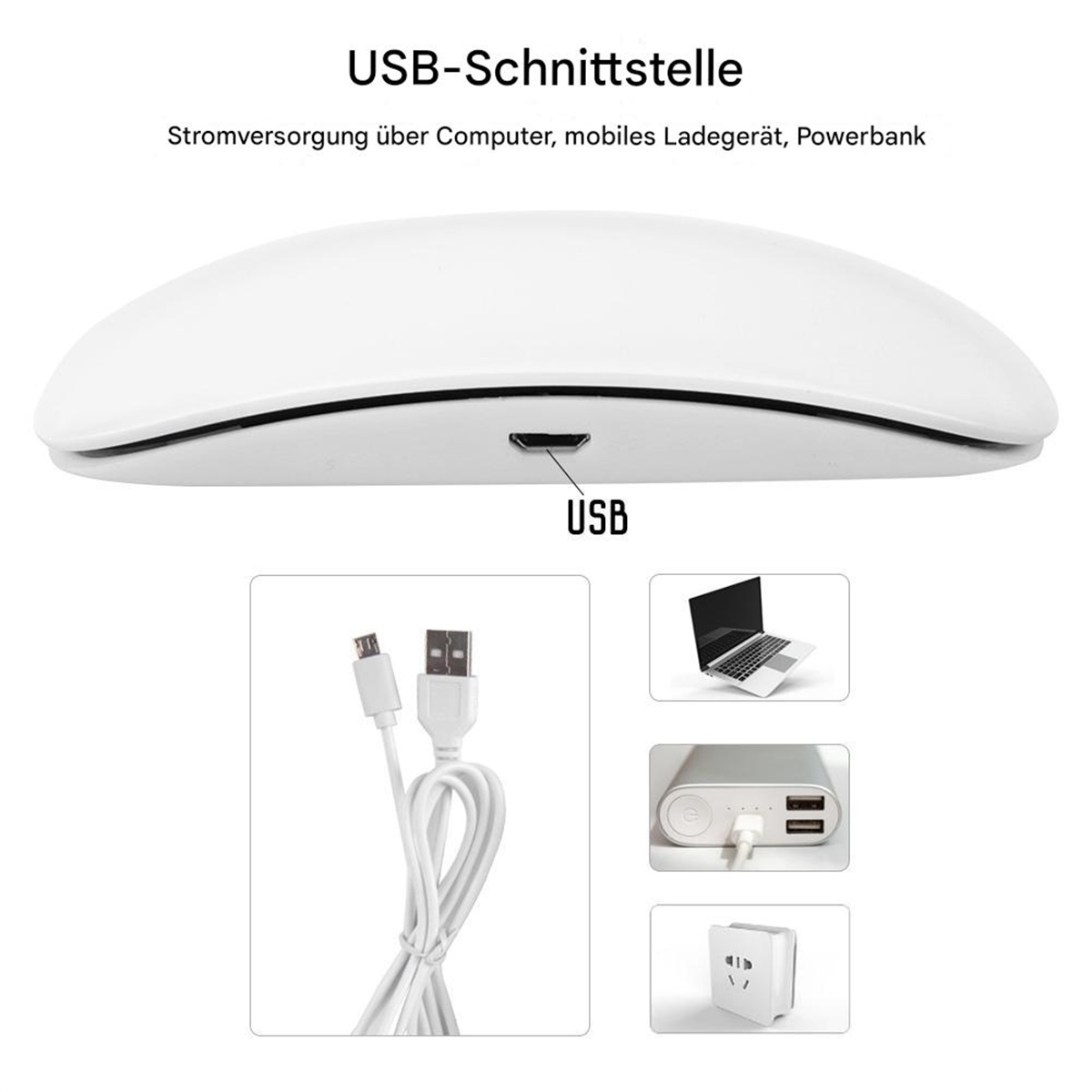Weiße Maus mit USB-Anschluss, in der Nähe eines USB-Kabels, eines Laptops, einer Powerbank und eines Adapters.