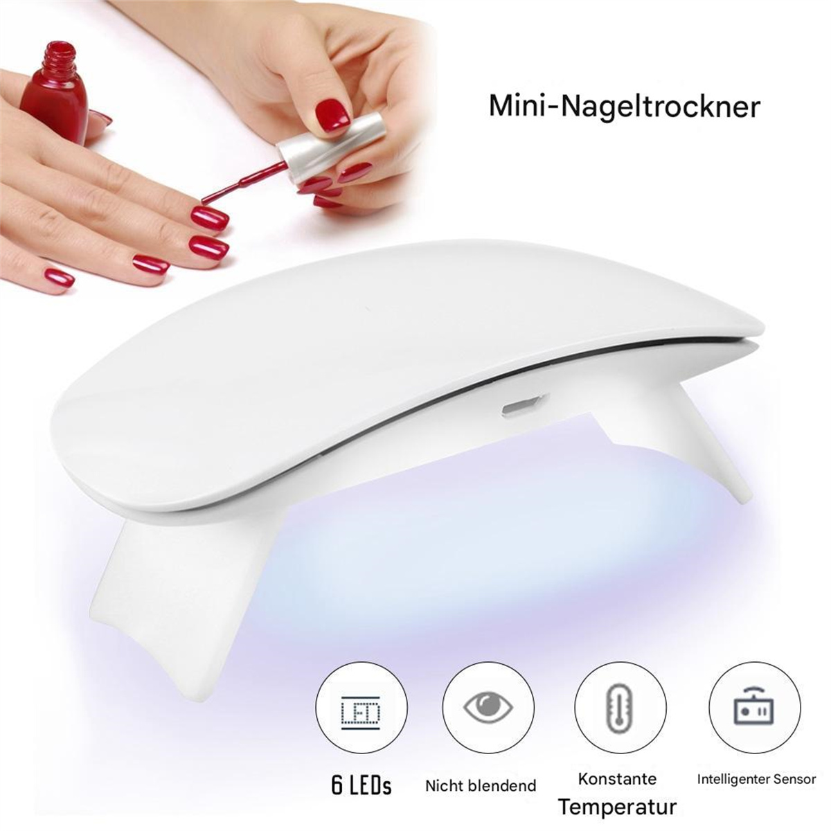 Weißer Nageltrockner mit rotem Nagellack und lackierten Nägeln. Text: 'Mini-Nageltrockner'.