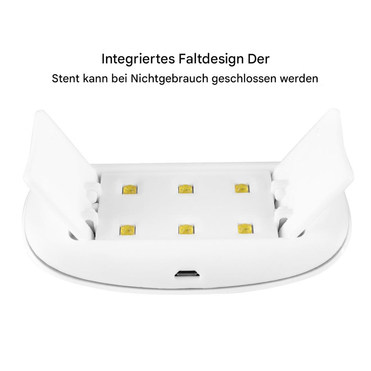 Weißes Gerät mit offenem Deckel, der gelbe Lichter zeigt. USB-Anschluss sichtbar. Weißer Hintergrund.