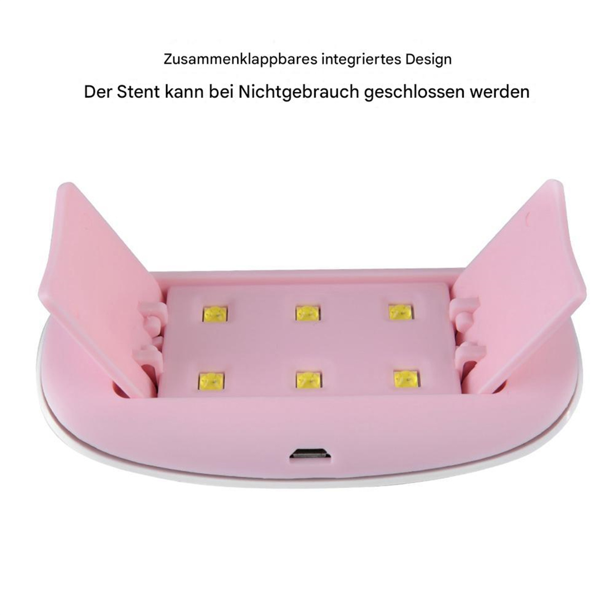 Eine rosa Nagellack-Aushärtungsmaschine mit offenen Klappen, die sechs gelbe Lichter freilegen.