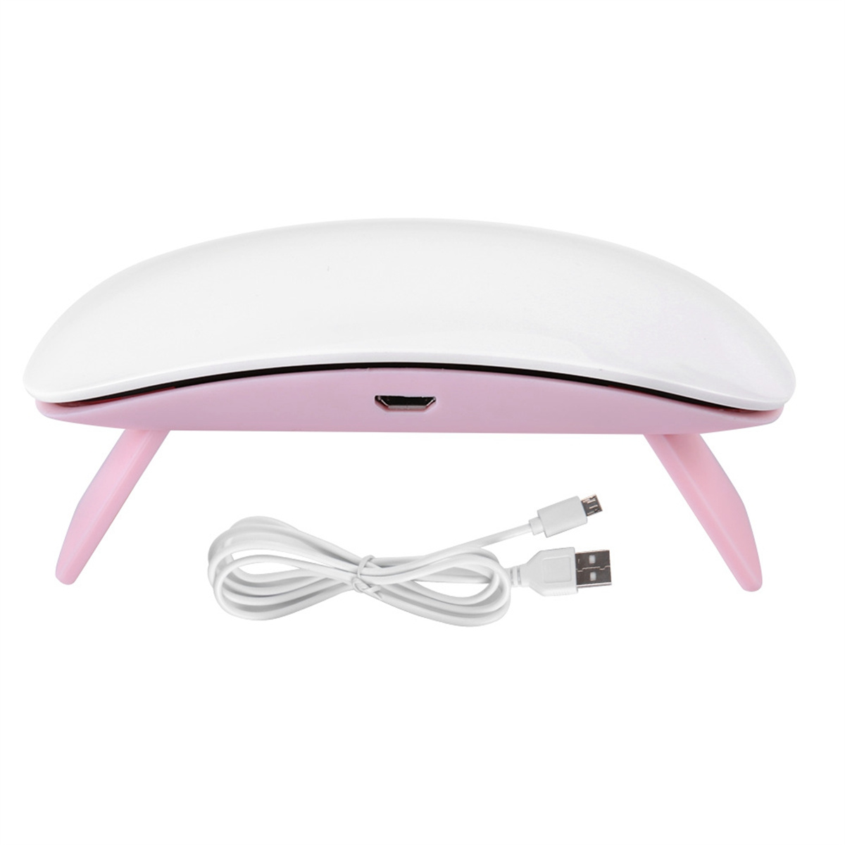 Weiß-rosa UV-Nagellampe mit USB-Kabel und Ladeanschluss. Sie hat rosa Beine und ist eingeschaltet.